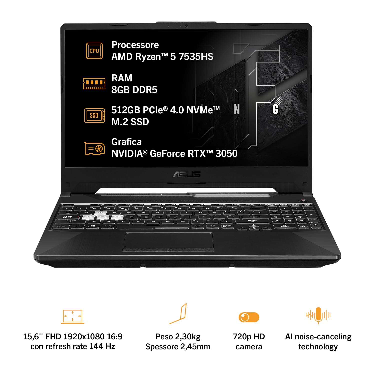 ASUS TUF Gaming A15 FA506NC#B0CQ2TYTYT, Notebook con Monitor 15,6" FHD Antiglare, 144Hz, Processore AMD Ryzen 5 7535HS/H, RAM 8GB, 512GB SSD PCIE, NVIDIA GeForce RTX 3050 4GB, Win 11 Home, Nero