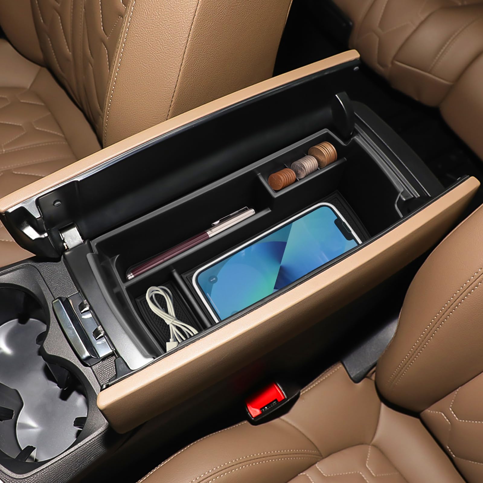 Vano Portaoggetti per Bracciolo Compatibile con Peugeot 3008 5008 GT Citroen C5 Aircross DS7 Crossback 2016-2024, Scatola del Bracciolo Centrale, Organizer con Tappetino Antiscivolo (Nero)