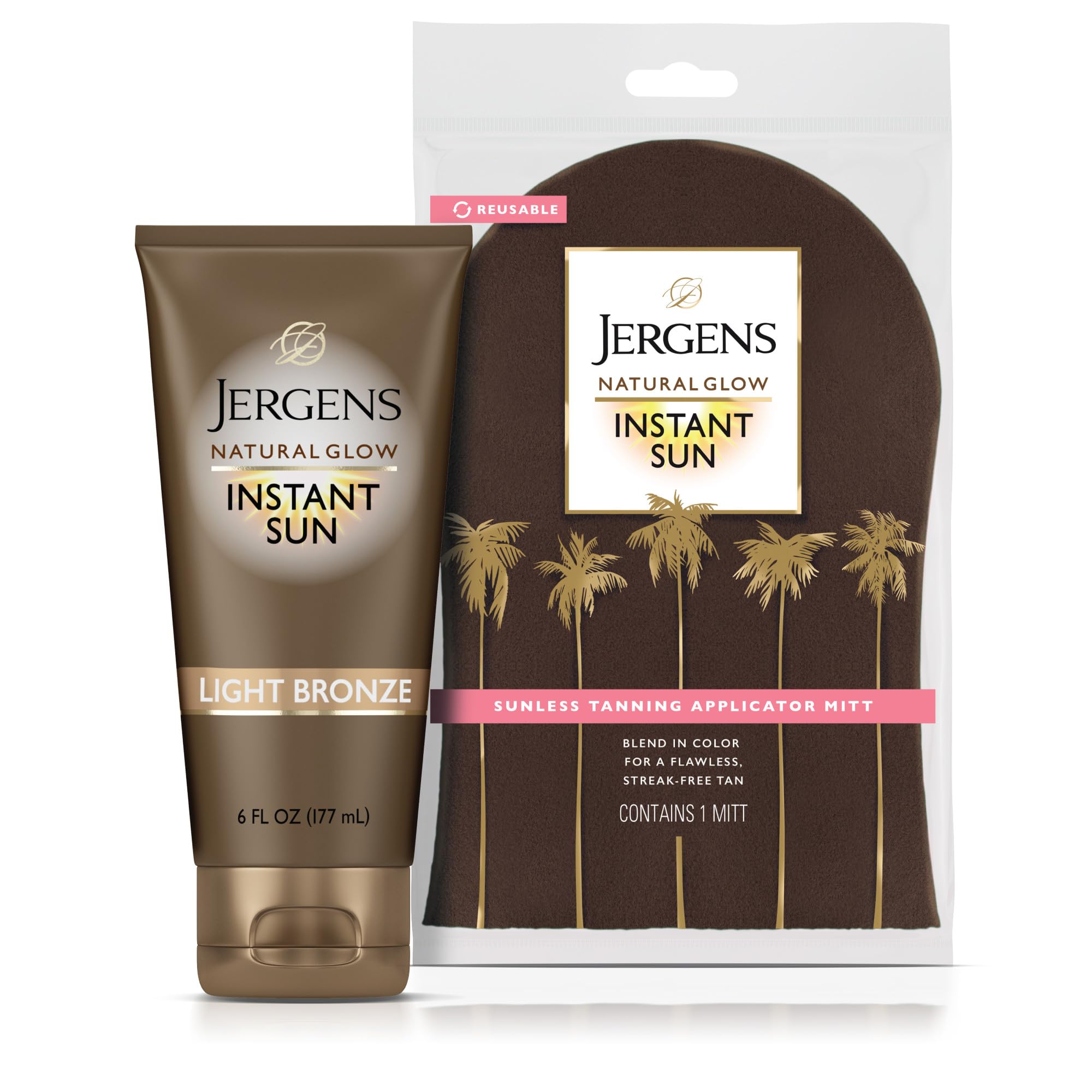 Jergens Natural Glow Instant Sun Bundle: Light Bronze Sunless Tanning Moisturizer + Bronzing Lotion 6oz Bottle and Applicator Mitt