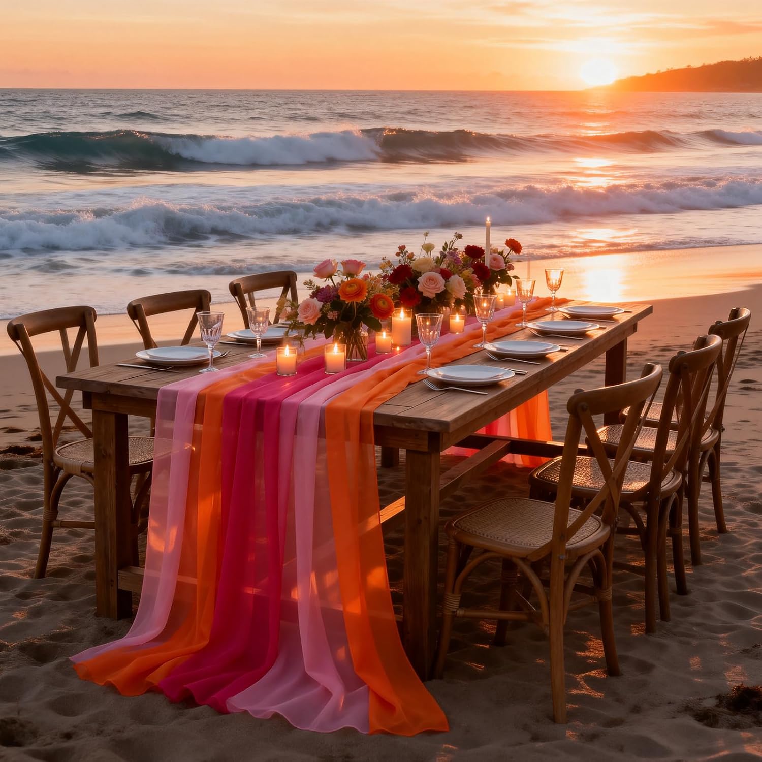 6 Pcs Sunset Party Decorations Table Runner 10Ft Pink and Orange Rustic Sheer Chiffon Fabric Table Cloth for Wedding Bridal Baby Shower Graduation Decorations