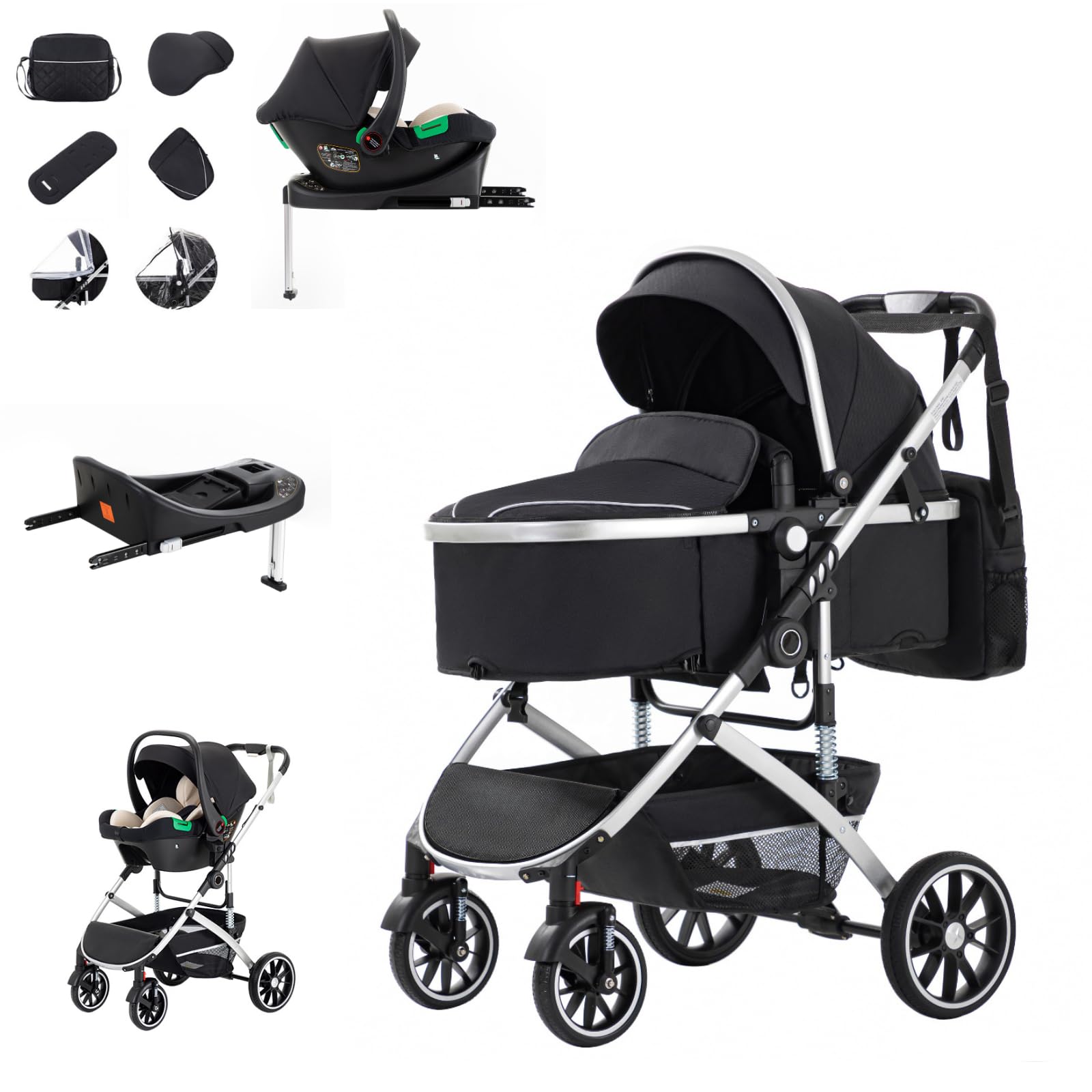 Zkiprm Poussette combinée 3 en 1 Avec Isofix Base - Système de voyage - Jusqu'à 22 kg - Pliable - Cadre en aluminium - Moustiquaire - Housse de pluie - Sac pour maman inclus - 0-4 ans