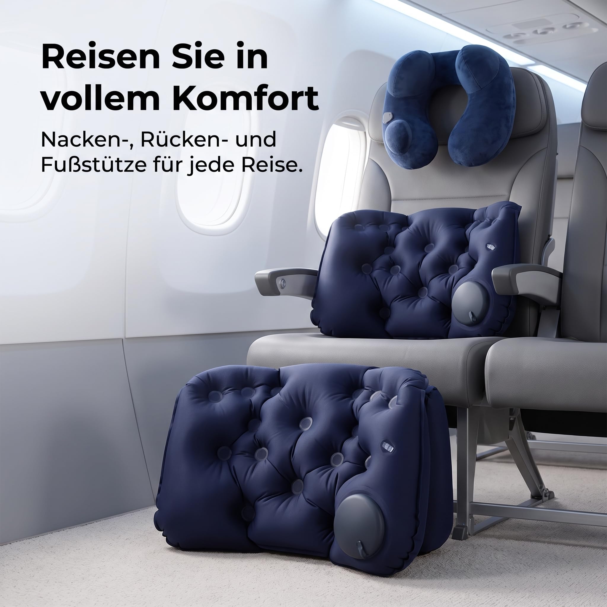 Almohada Viaje Inflable para Adultos, Cojín o Reposapiés Plegable para Avión y Coche, Cojín Lumbar Inflable a presión + Almohada de Viaje en Forma de U de Camello, Color Azul Marino