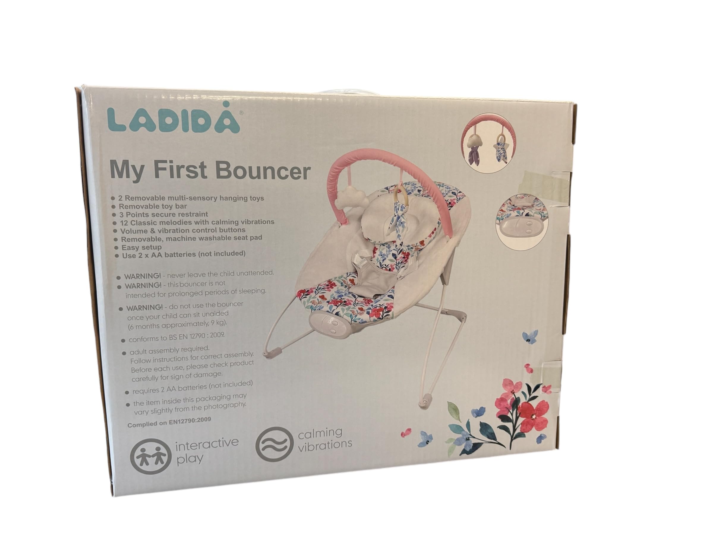 LADIDA My First Baby Sdraietta con Musica Lenitiva e Vibrazione, Barra Giocattolo Rimovibile con 2 Giocattoli Adatto per Neonati