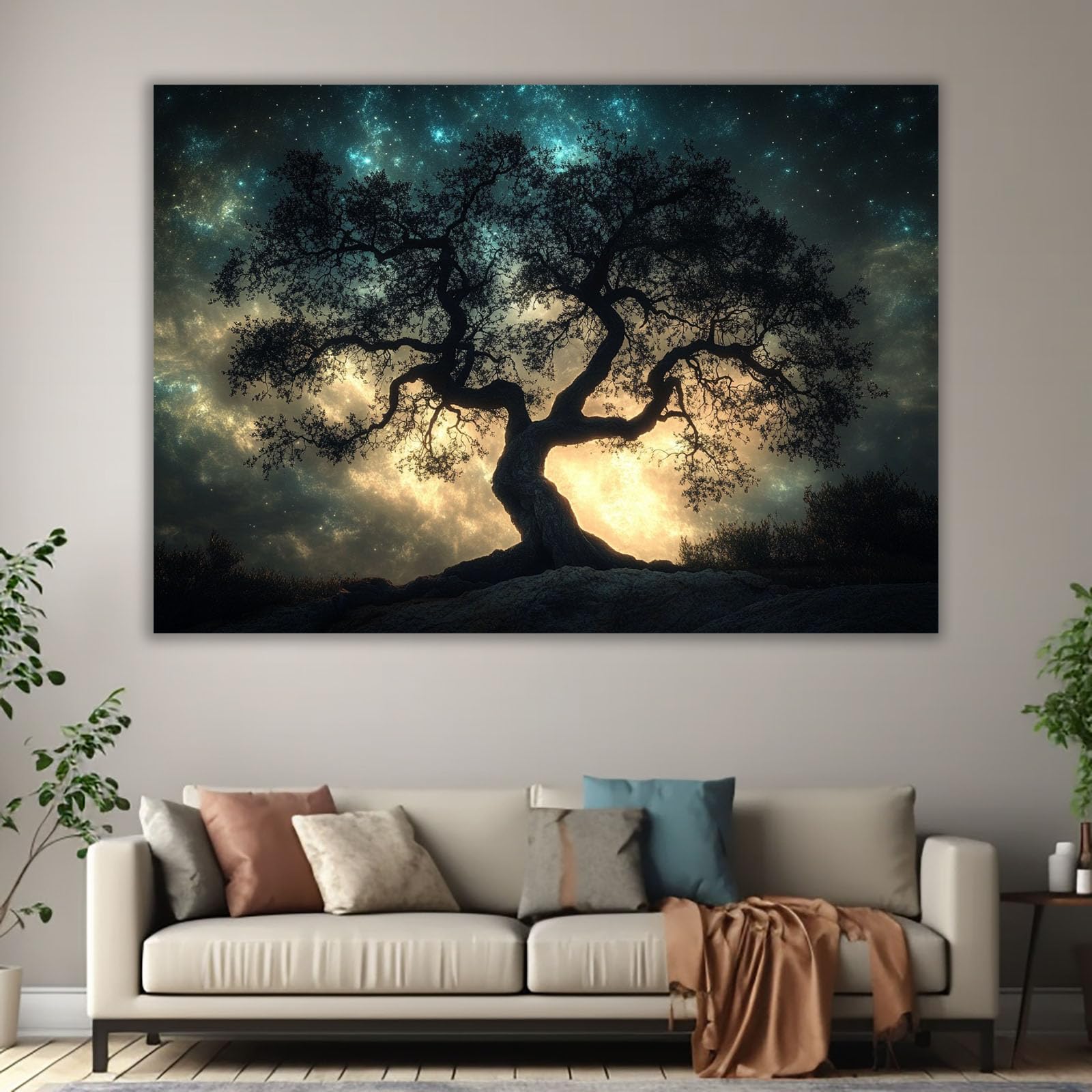 WIKEO Tableau Murale Salon Moderne Photo du Sapin de Nuit Arbre De Vie Nature Paysage Impression Sur Toile, Decoration Murale Chambre Salle De Bain Cuisine Bureau(Noir 5)-80x120cm Sans cadre