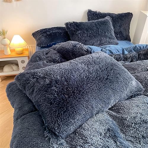 Miniatura 7 de chovy - Juego de edredón afelpado de pelo sintético azul marino, tamaño king, terciopelo, franela, mullido, ultrasuave, ropa de cama de 3 piezas (1