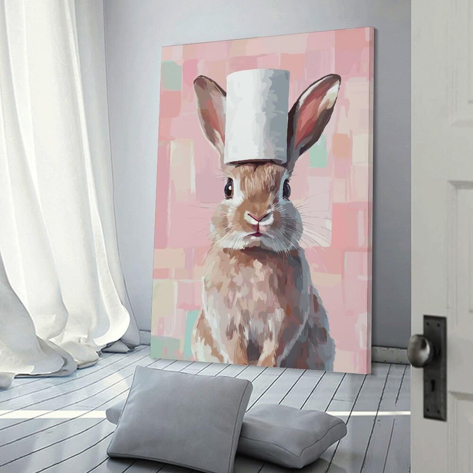 Junmoney Bunny with Toilet Paper Hat Canvas Wall Art, 12x18inch(30x45cm), for Workspace Walls, Study Corners Or Bedrooms, An Interior Accent for Desk Areas