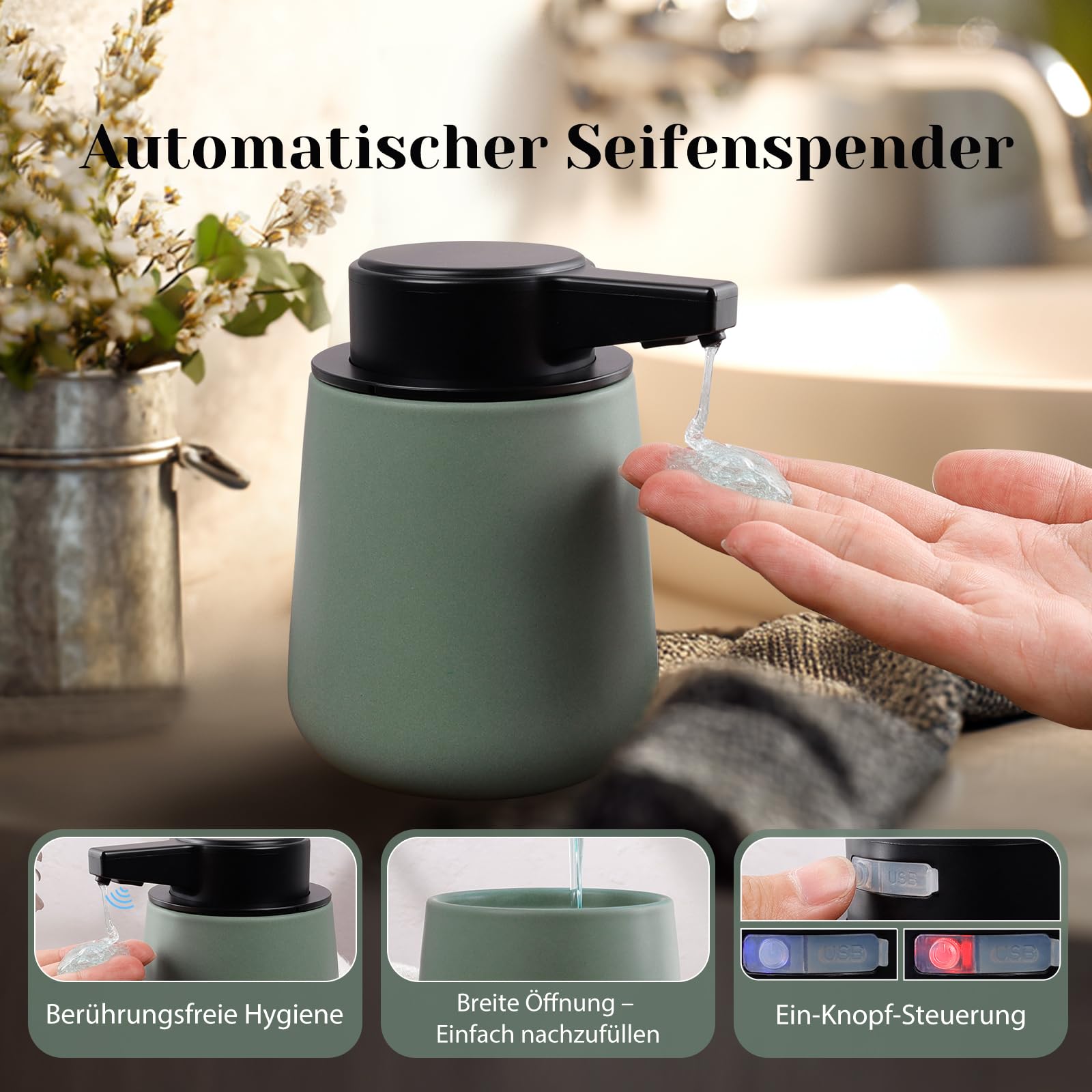 Juego de baño de 3 piezas, dispensador automático de jabón de 350 ml, recargable, vaso para cepillos de dientes de 280 ml y bandeja, moderno juego de baño minimalista verde, accesorios de