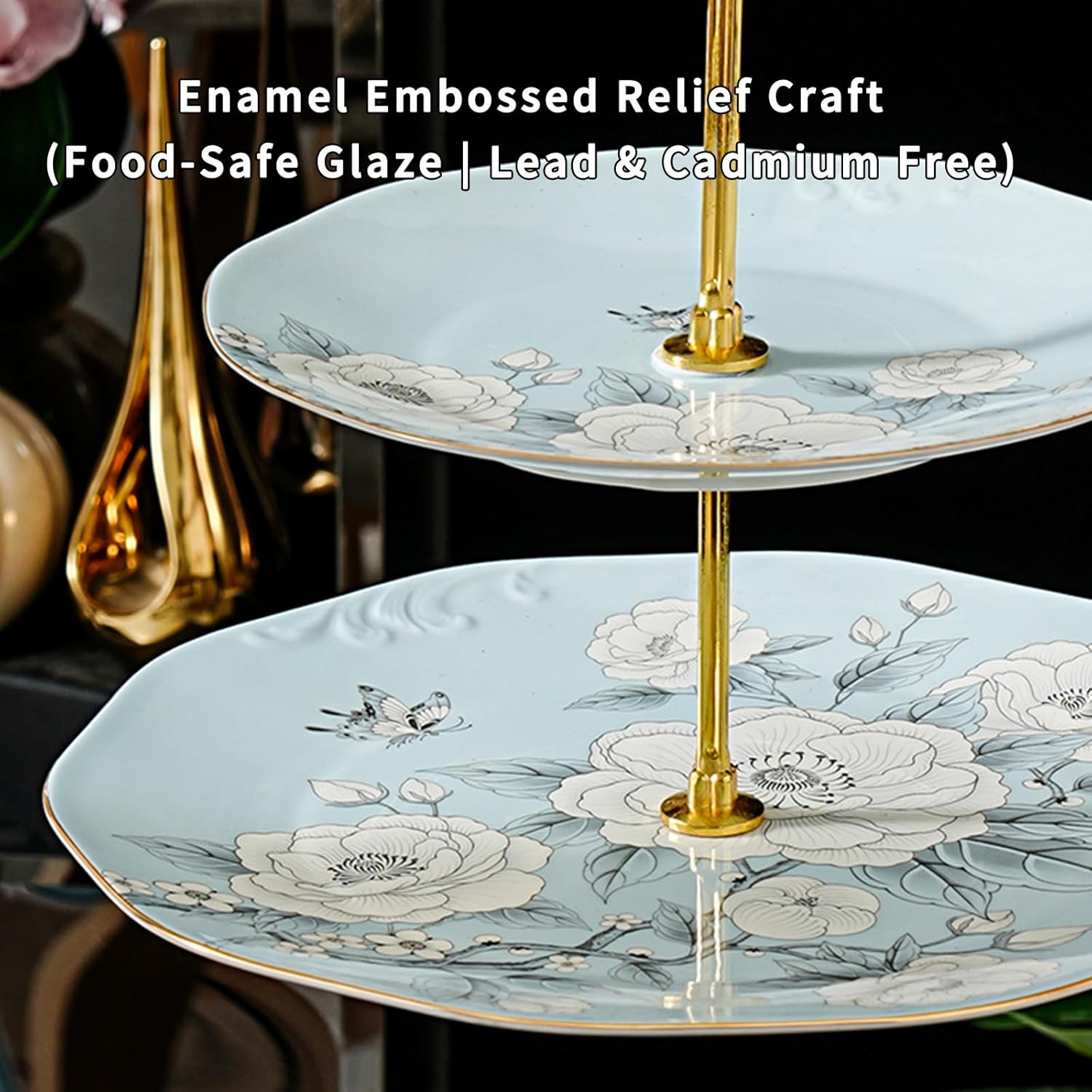 3 Tier Serving Tray, Bone China Cupcake Stand, Floral Afternoon Tea Stand, Porcelain Tiered Dessert Stand with Gold Rod and Gold Trim, Elegant Cupcake Tower Stand for Tea Party Birthday Party