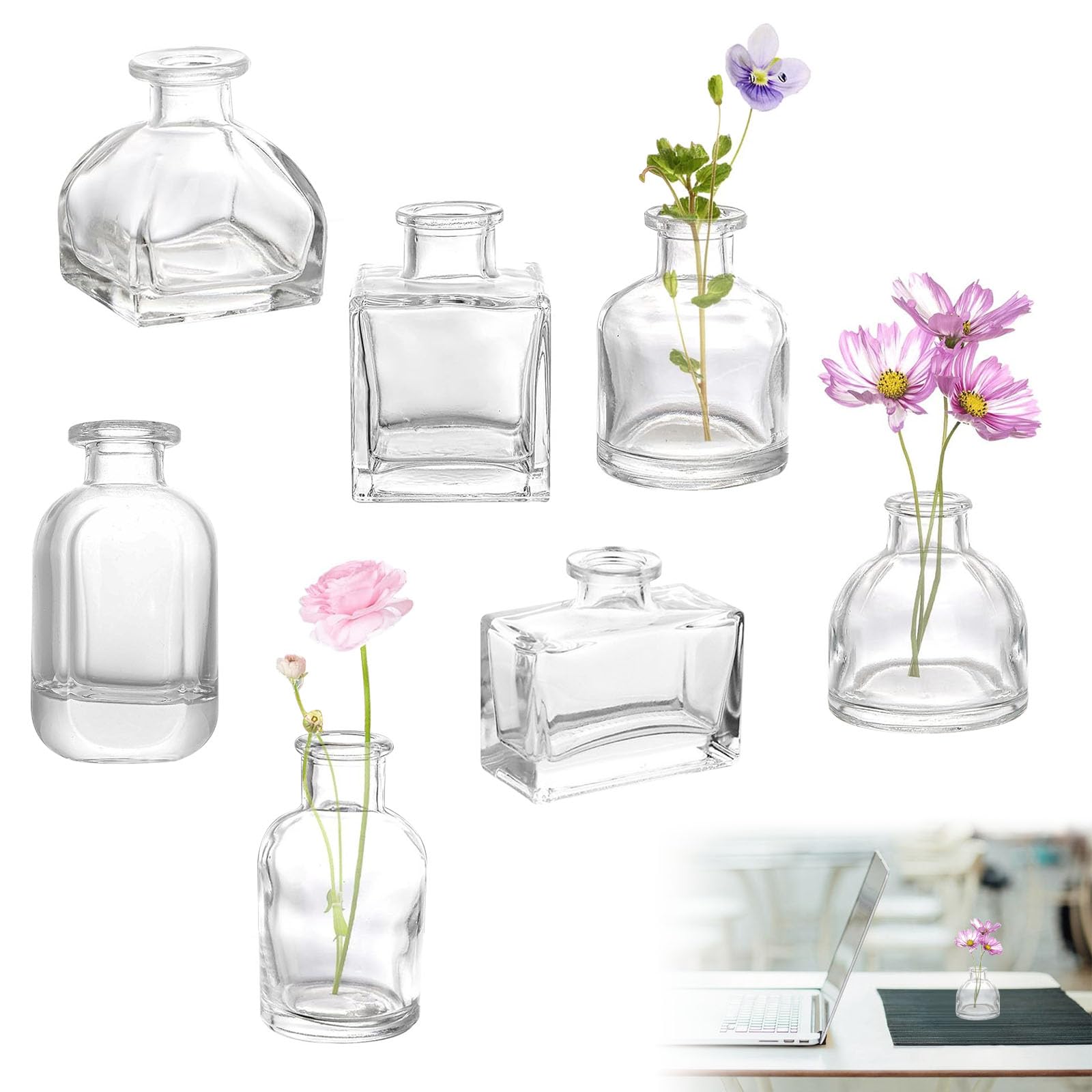 Byfoyif 7 PCS Jarrones Pequeños para Flores de 50 ml, jarrones Decorativos Cristal Pequeños con Diversas Formas, Mini Jarrones Decorativos Cristal Transparentes, Jarrón para Flores para Boda,Fiesta