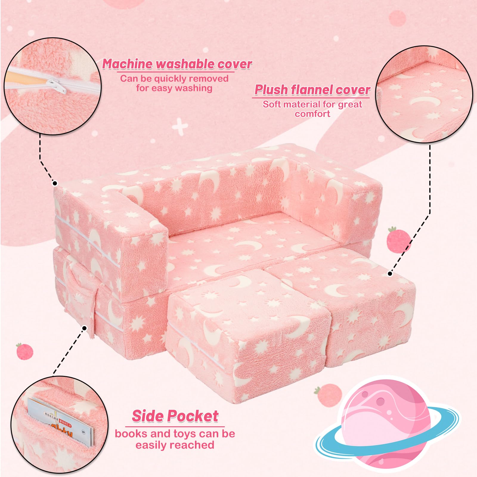 Sillón Bebe, Plegable Sofa Infantil, Sillón Infantil 2 en 1, Sofá Cama Convertible Tumbona, Silla Ancha Suave Funda Extraíble, Rosa Estampado Estrellas, Brilla Oscuridad, Regalo Día Niño Cumpleaños