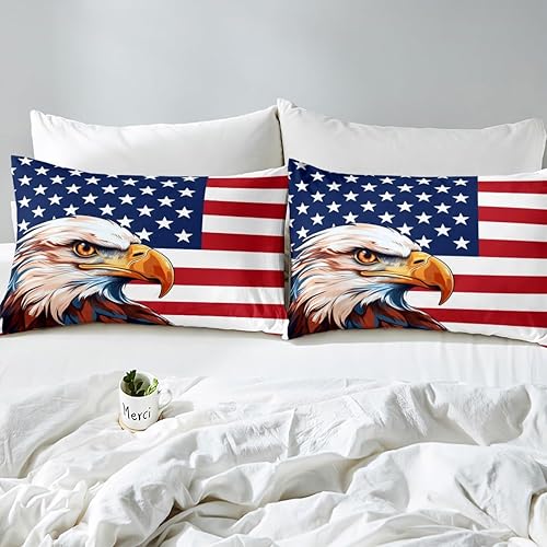 Miniatura 6 de Erosebridal Juego de ropa de cama con bandera estadounidense, juego de edredón de águila tamaño individual para niños, adolescentes y adultos,