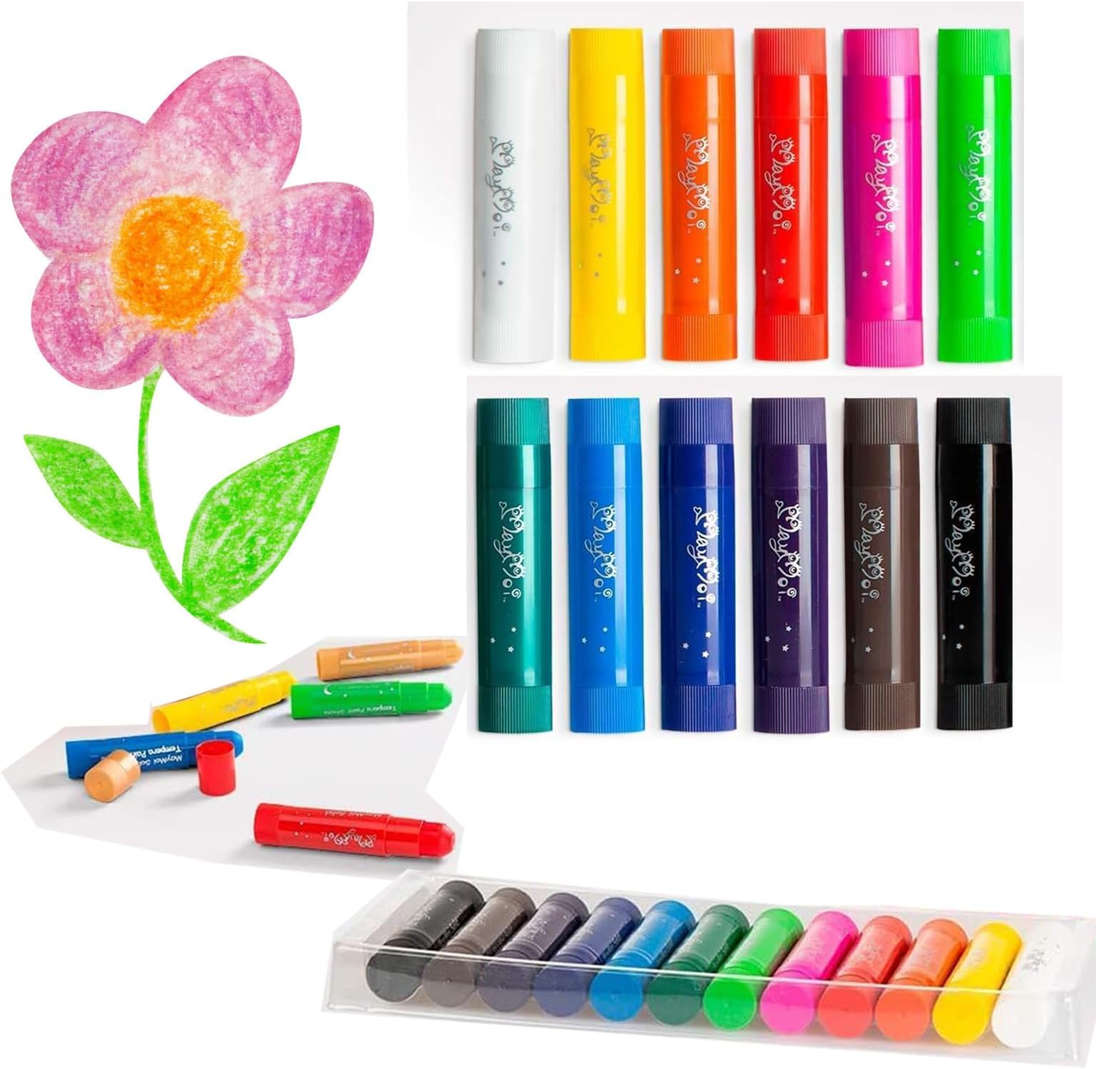 Tempera Paint Sticks - 12 Bright Colors, Quick Drying, Easy to Color and Washable Crayons for Teens and Students