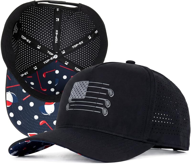 TOP-EX Gorra de golf patriótica resistente al agua con bandera estadounidense para hombre | Gráfico de la bandera del club de golf, visera inferior impresa, banda que absorbe la humedad, presilla lateral para la remera, cierre trasero de 7 posiciones, dos tamaños para 22-25 pulgadas