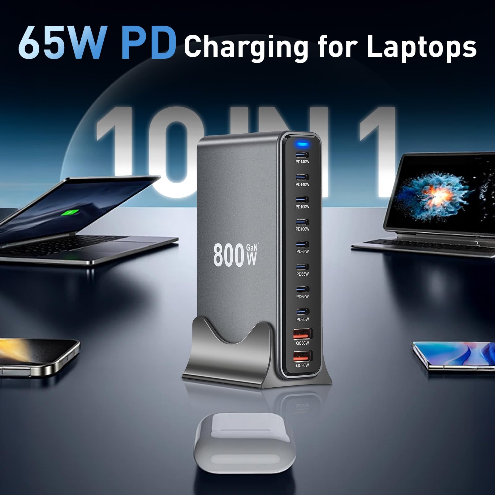 GaN3 800 W ładowarka USB C, 8 portów USB-C (140 W/100 W/65 W) i 2 porty USB-A (30 W QC) – kompaktowa ładowarka wielofunkcyjna, kompatybilna z laptopami, iPhone 15/16, Galaxy, PS5 do podróży