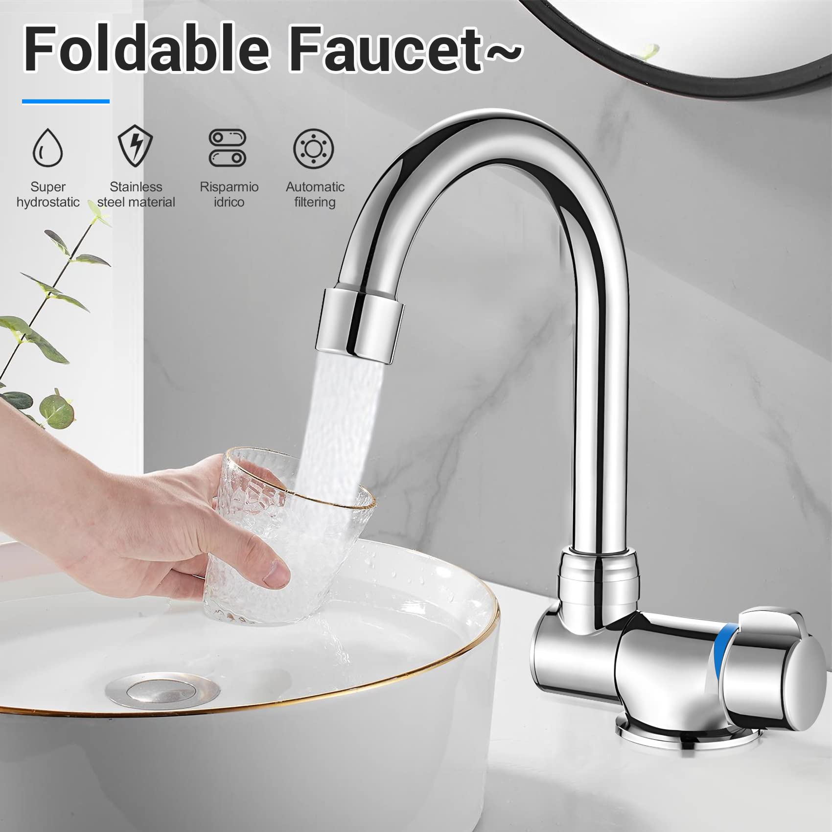 Grifo de cocina plegable y giratorio de 360 grados - Mezclador de agua fría y caliente con una sola mano de cobre para barcos de camping-Car