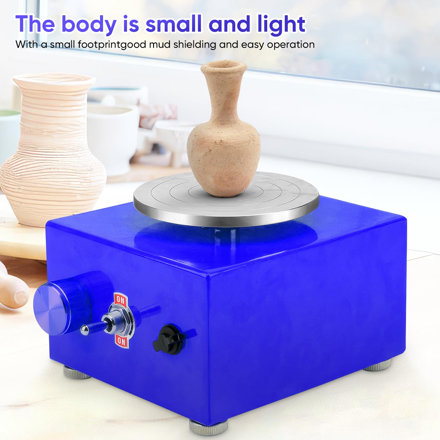 Mini torno de alfarería 6,5 cm 10 cm 30 W 0-300 rpm torno de alfarería eléctrico con pedal extraíble (azul)