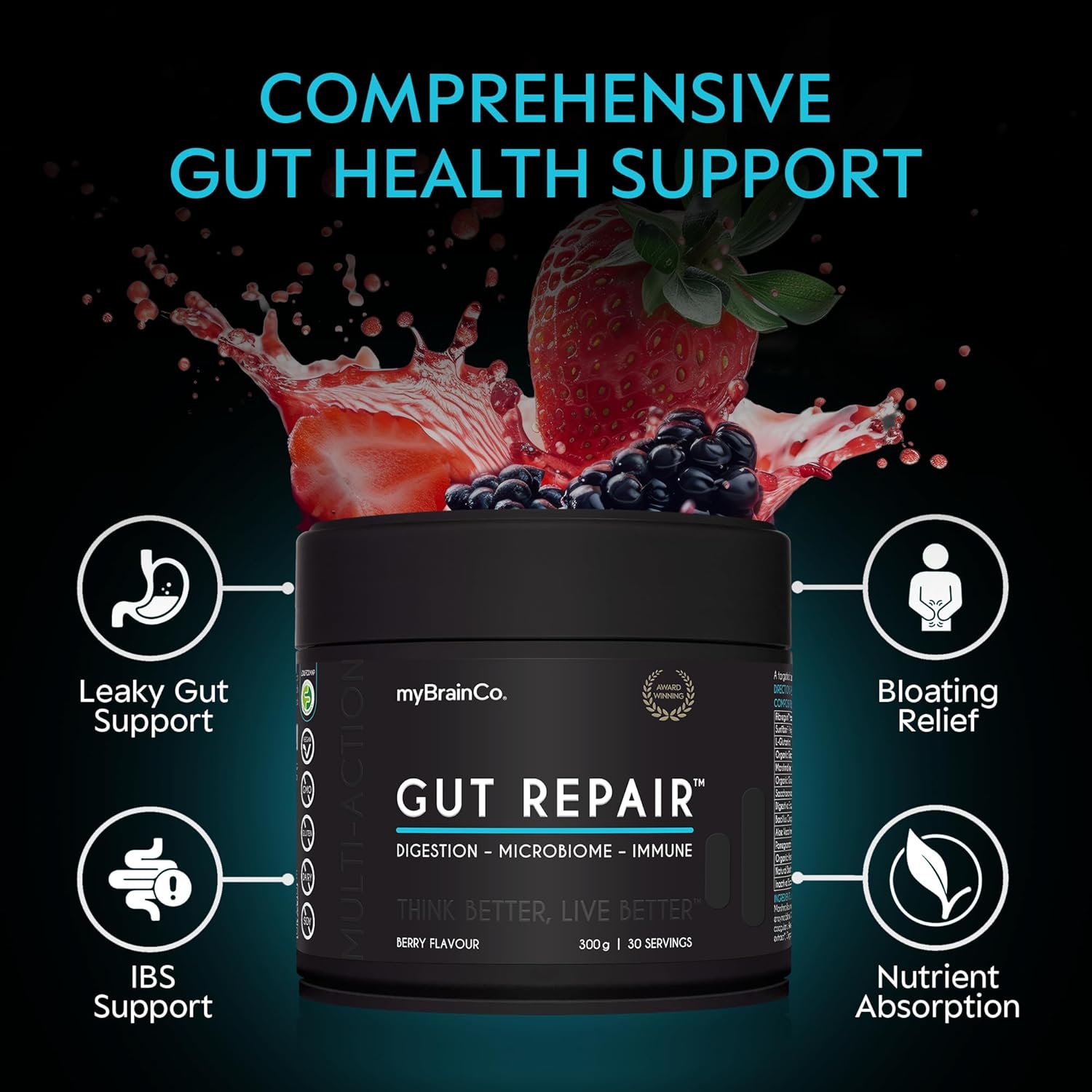 myBrainCo. Gut Repair – Gut Health & Digestion Support Powder for IBS, Bloating, Reflux & Leaky Gut – Low FODMAP Certified with Probiotics, Prebiotics, Enzymes & Glutamine – 310g