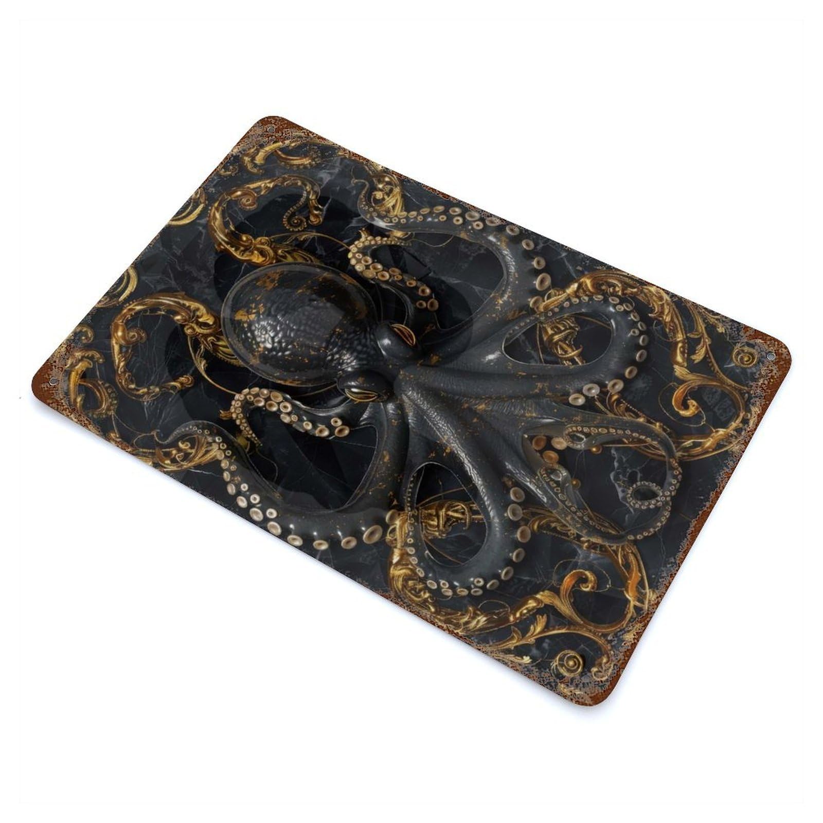 Black And Gold Octopus Rustic Tin Plaque 11.8"x7.9", Ideal for Shed, Workshop And Garage Wall Decor