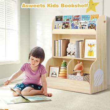 Asweets 2 in 1 Kids Bookshelf & Montessori Toy Storage Cubby, 3 Tiers Children Wooden Bookcase, Fit for Kids Room, Playroom, Kindergarten, Nursery, 31.5''L x 14.6''W x 39.4''H (Wood Color)