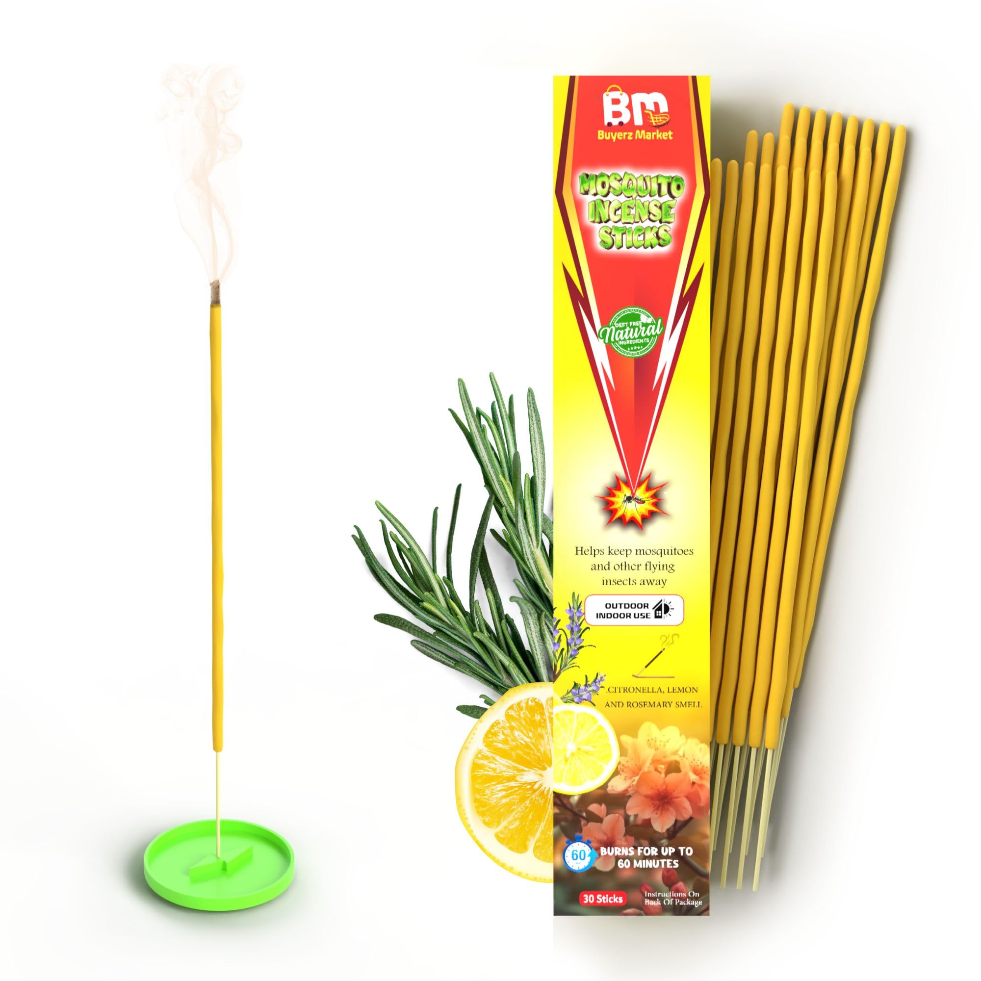30PCS Incense Mosquito Repellent Citronella Sticks/Made with Natural Plant Based Ingredients/Citronella/Lemon/Rosemary/Incense Sticks - DEET FREE HOLDER INCLUDED- Buyerz Market