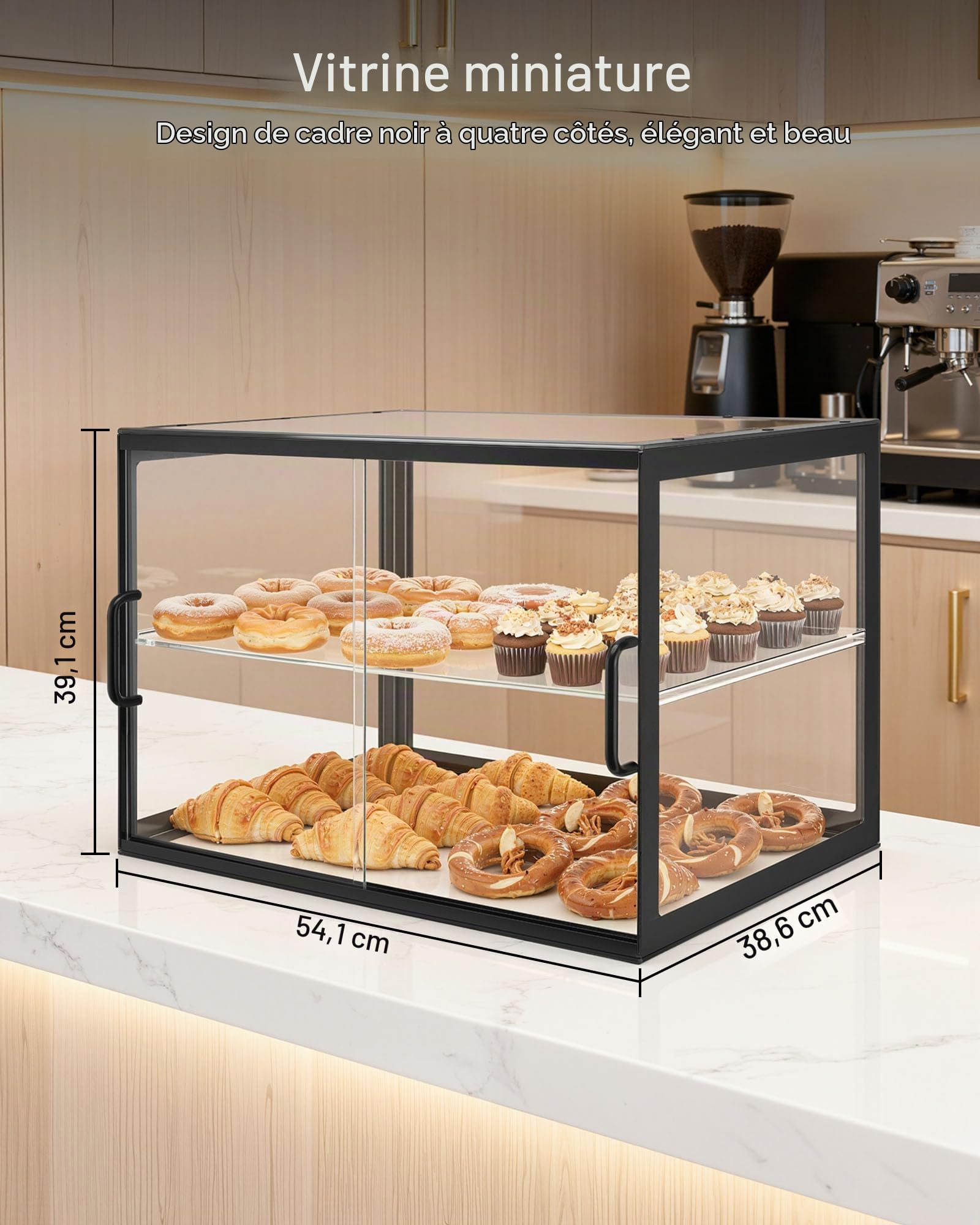 VEVOR Vitrine Comptoir de Boulangerie de 55x38,5x39 cm à 2 Niveaux, Présentoir à Pâtisserie en Acrylique Transparent, pour Présentation Biscuits Desserts Beignets Pains Gâteaux, avec Porte Coulissante