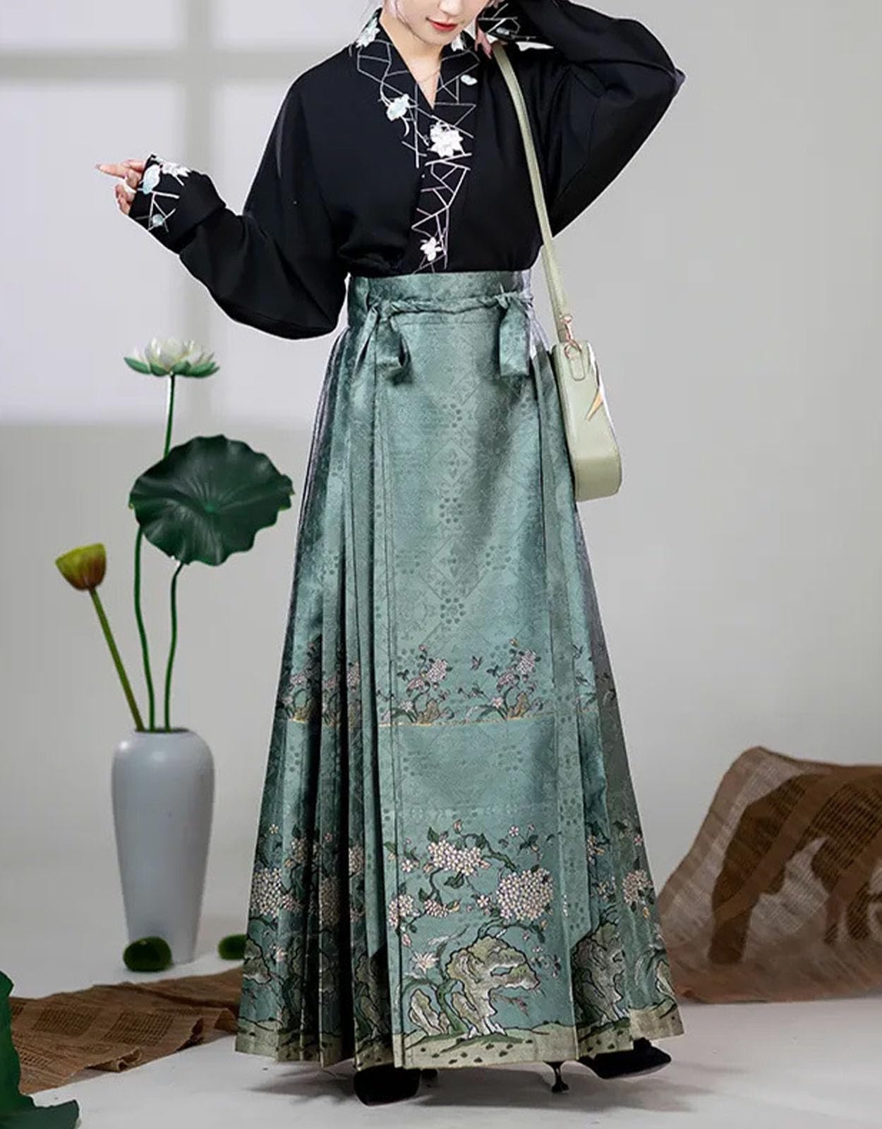 Gonna da Donna con Motivo a Cavallo Gonna retrò a Vita Alta Stile Hanfu Abito Tradizionale Cinese Stampato