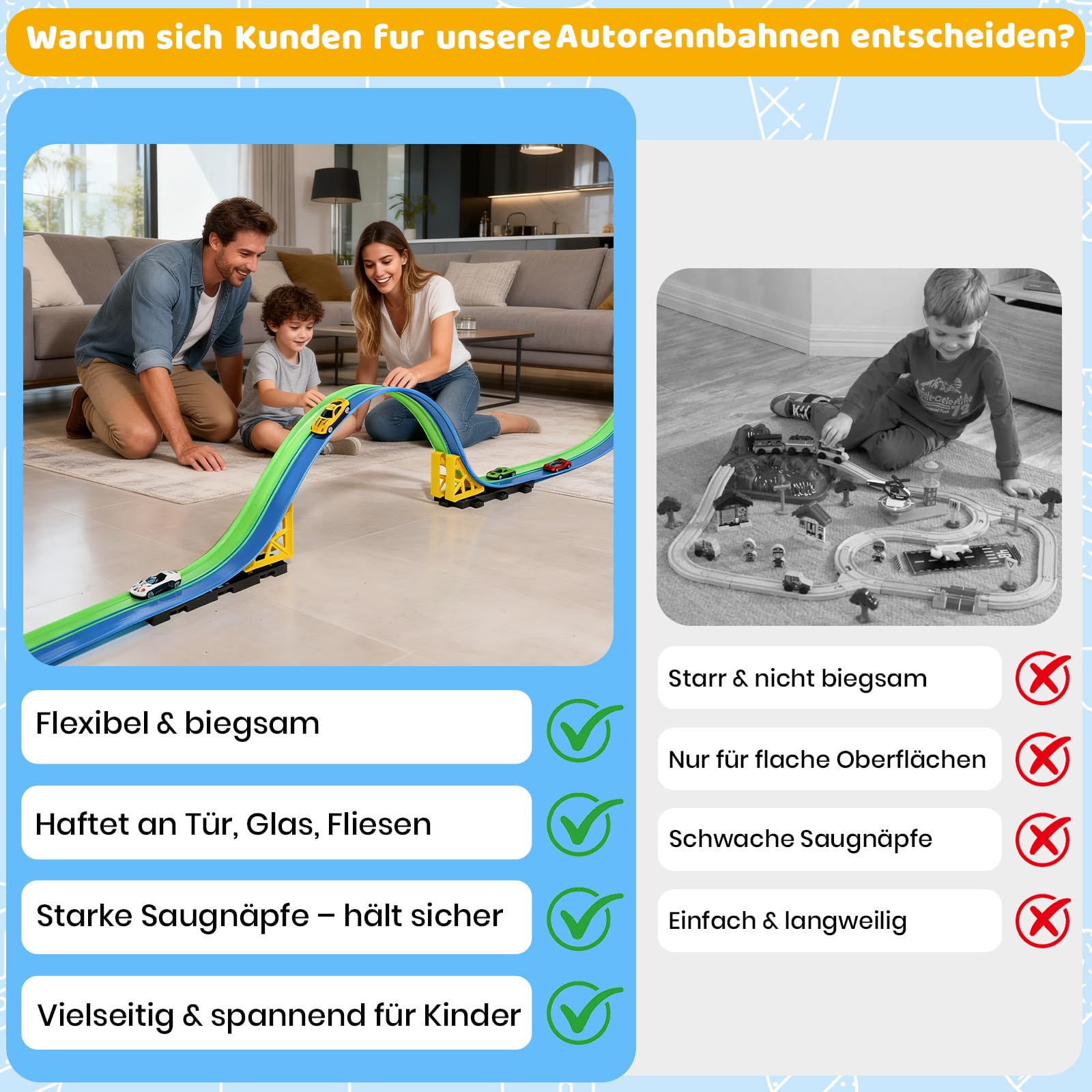 Flexible Autorennbahnen Kinder, 4.5M Rennbahn Inklusive 4 Autos, Tragbare Dual-Rennstrecke mit Rampen für 1:64 Autos, Spielzeug Geschenk für Kinder ab 3+ Jahren, Blau-Grün