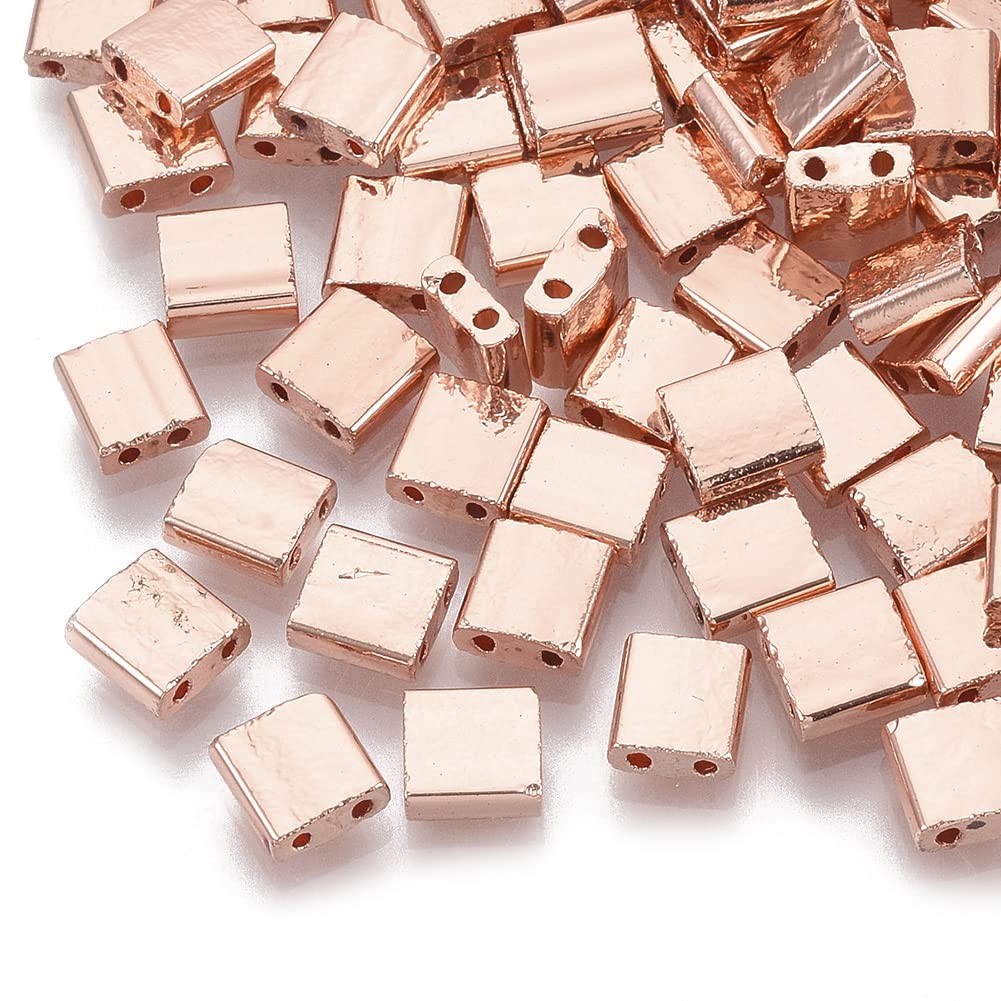 Bestewelry 200Pcs 5mm Glass Seed Beads Rectangle Opaque Tila Beads Rose Gold Plated 2 Hole Glass Beads Square Carrier Beads Loose Spacer Beads for Jewellery Making