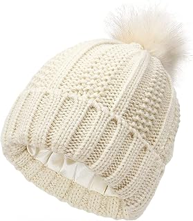 Kakeela Winter Warm Knit Beanie Pompom Hat Soft Stretchy Cable Knitted Slouchy Faux Fur Pom Cuffed Beanies Skull