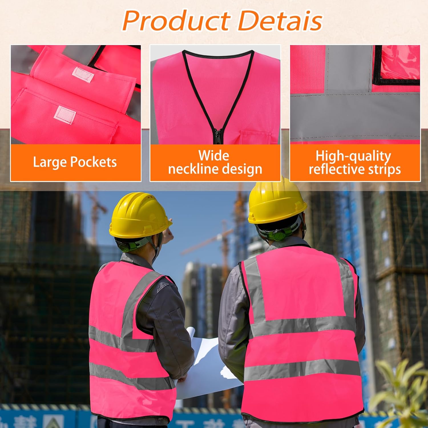 10 Pack Reflective Vests, Pink High Visibility Reflective Vest, Construction Vest with Pockets and Zipper, Work Vests for Men Women - Image 4