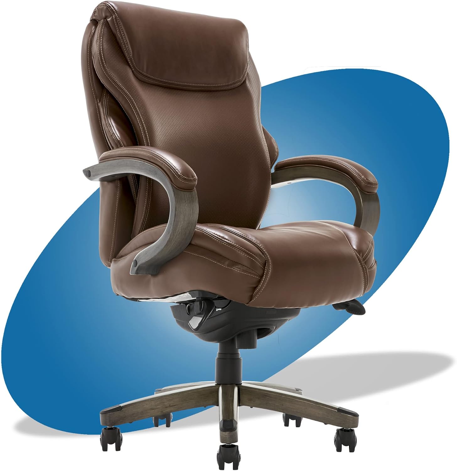 La-Z-Boy Hyland Executive Office Chair with AIR Technology, Adjustable High Back Ergonomic Lumbar Support, Weathered Gray Wood Finish, Bonded Leather, Brown
