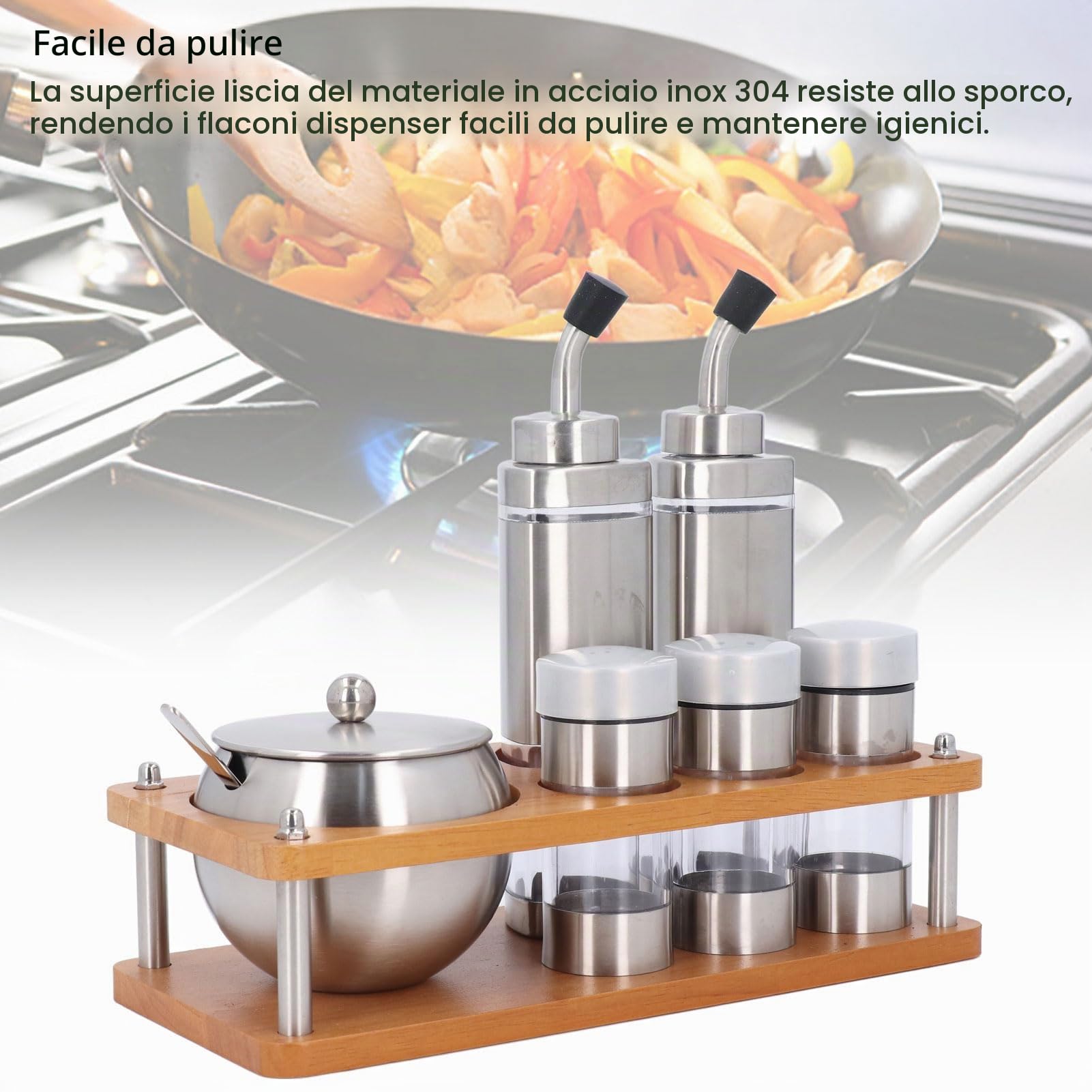 Set da con Portaspezie in Vetro e Acciaio Inox, Contenitori per Sale, Pepe, Olio e Aceto, per Casa e