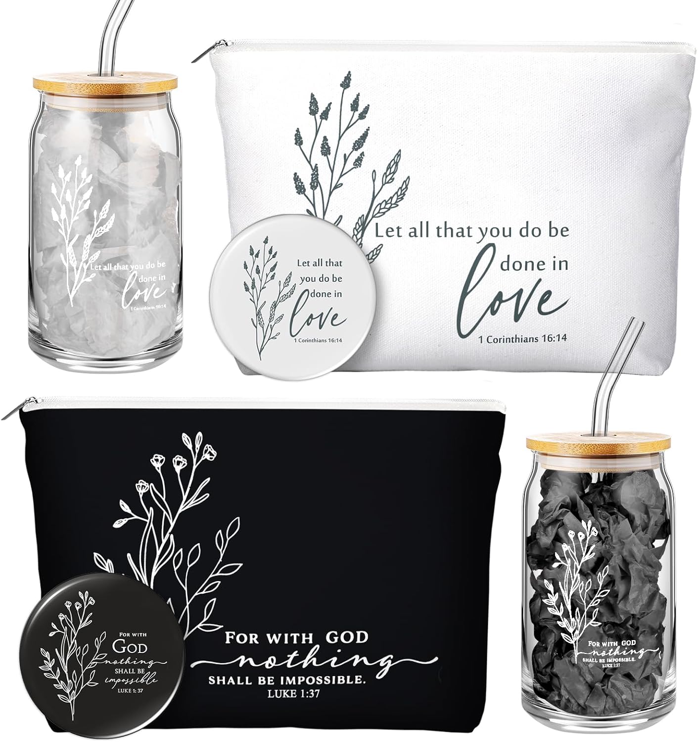 Fumete Christian Gift for Women Sunday School Teacher Valentines Flower Makeup Bag Bible Verse Coffee Cup with Bamboo Lid Straw Pastor Wife Mini Compact Mirror Religious Church Gift(Bible-a,2 Sets)