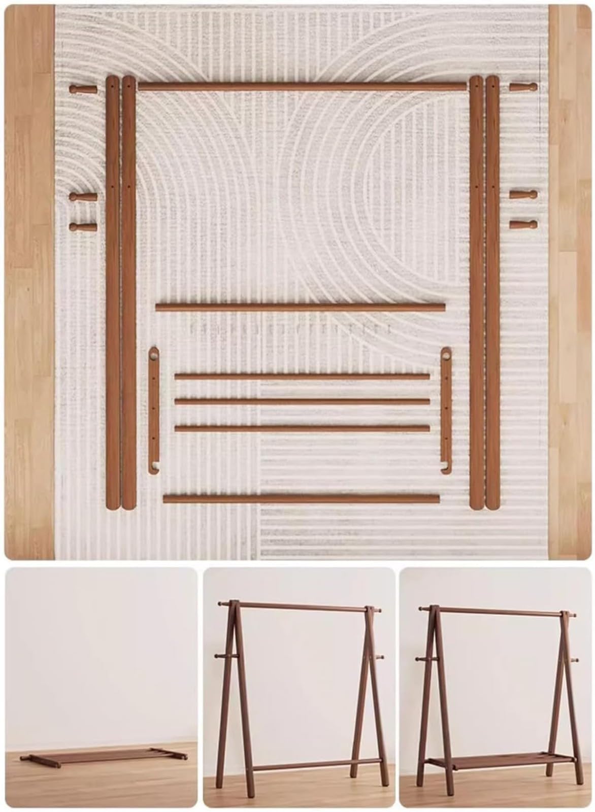 Perchero de Madera Maciza Plegable Grande, Perchero de Pie con Estante De Almacenamiento, 4 Ganchos, para Dormitorio Pequeño Apartamento Cuarto de Invitados Laundr, Haya Natural