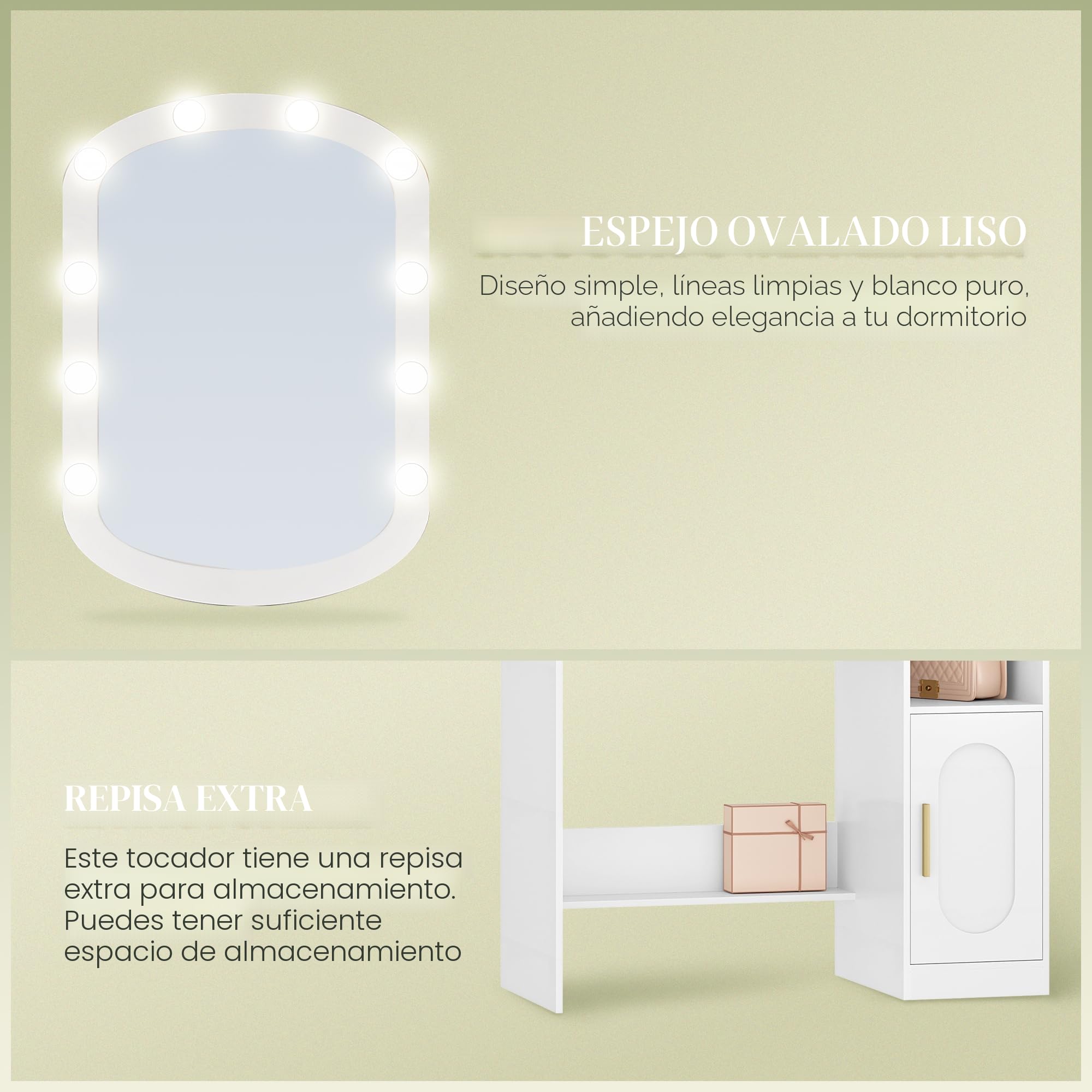 HEXCELEN Tocador con Espejo Ovalado, Mesa de Maquillaje con 10 Luces LED, Tocador de Maquillaje, Brillo Ajustable, 1 Cajón, 1 Armario, 4 Compartimentos Abiertos, Blanco