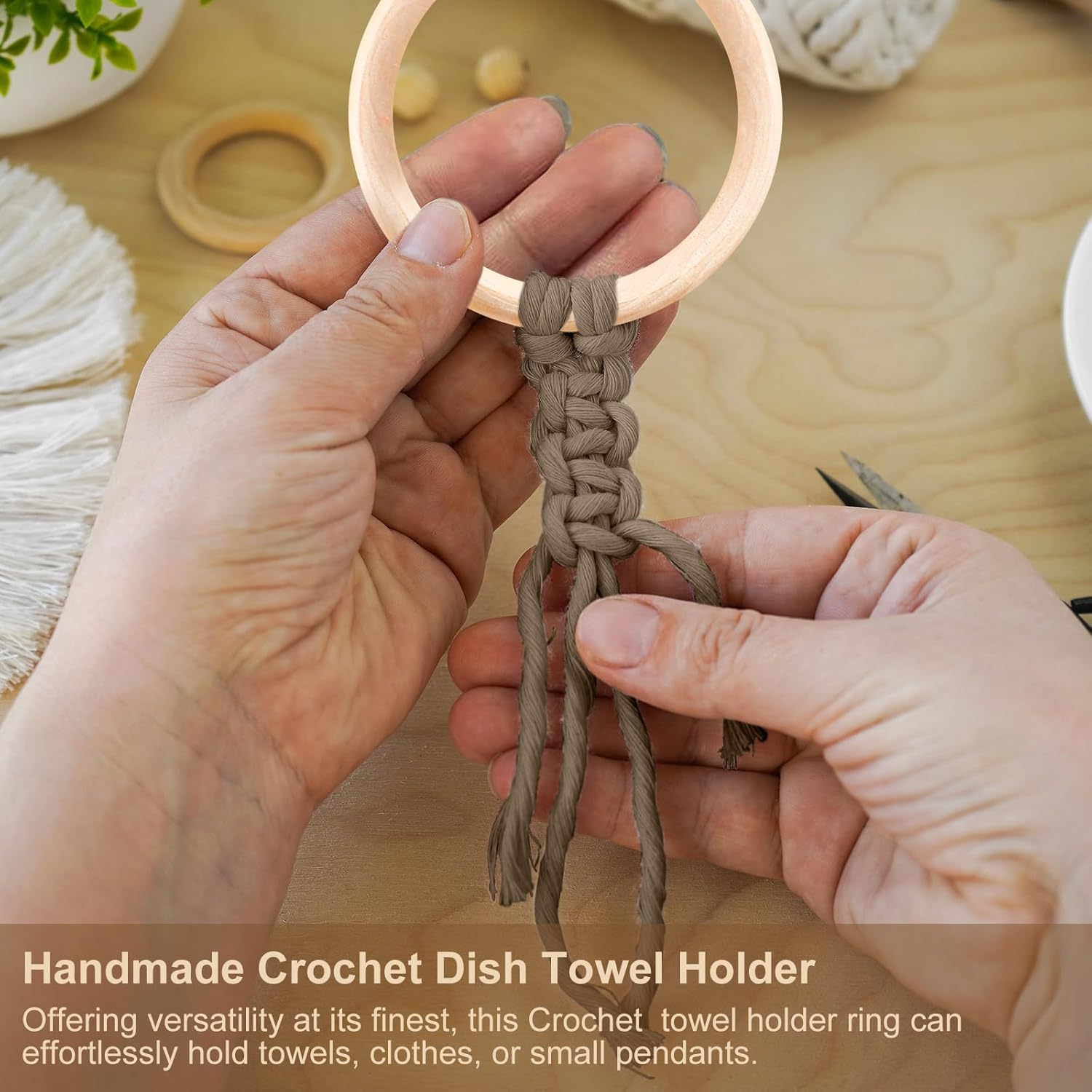 Tioncy 4 Pcs Kitchen Dish Towel Holder Boho Handmade Crochet Hanging Towels Loop Ring Knit Towel Hanger for Cabinet House Oven Stove Door, 4 Colors(Brown) thumbnail