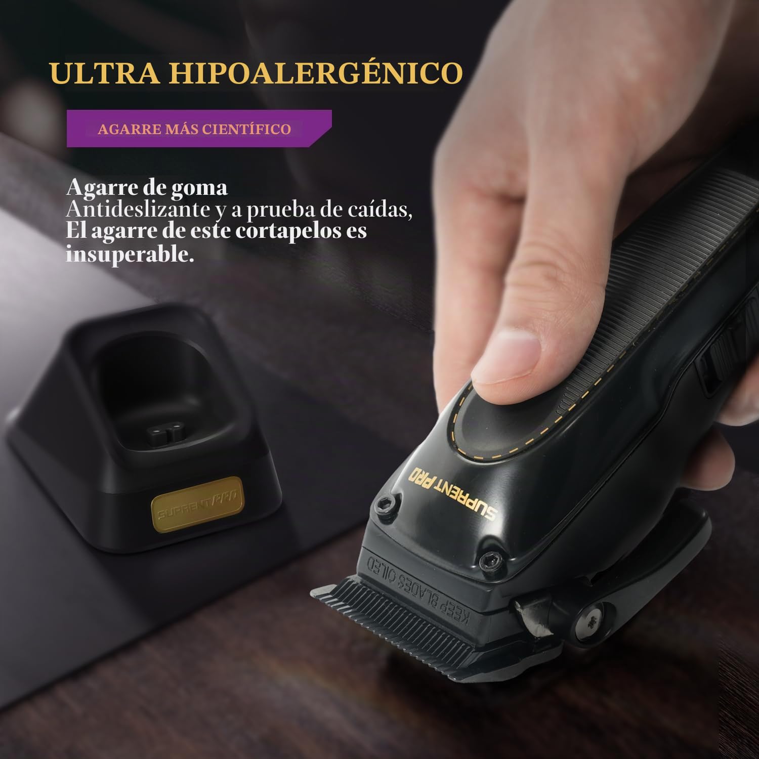 SUPRENT PRO Maquina de Cortar Pelo Hombre con Revestimiento DLC, Cortapelos Hombre sin Cable, Maquinilla Pelar, Profesional Cortadora de Pelo con Base de Carga