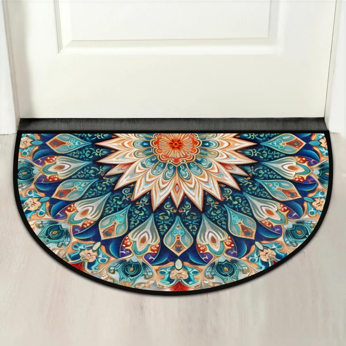 Half Round Door Mat Ethnic Mandala Colorful Flower Non-Slip Semi Circle Area Rug Washable Half Moon Hearth Rugs for Indoor Outdoor Bathroom Kitchen Patio Runner Mat Laundry Room Home Decoration