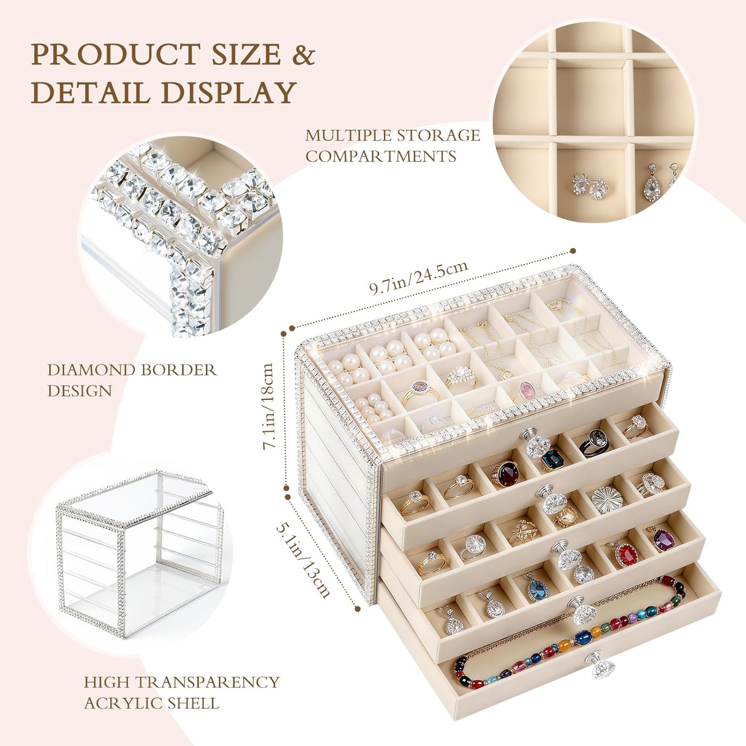 Earring Holder Organizer, 5-Drawer Acrylic Jewelry Box with Adjustable Velvet Trays, Clear Display Storage Case for Women, Earrings, Necklaces, Rings (5 Layers，With Resin Diamonds)