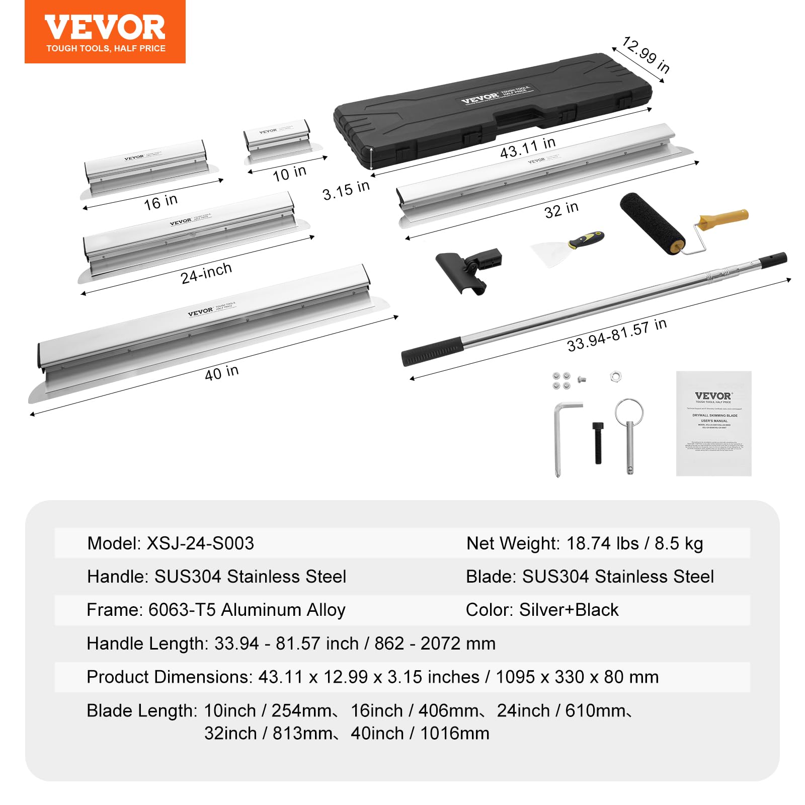 VEVOR Set di Lame per Rasatura per Cartongesso 254/406/610/813/1016 mm Lame per Rasatura, Manico Estensione 862-2072 mm Coltello in Acciaio Inossidabile per Rasatura, per Pannello Murale, Cartongesso