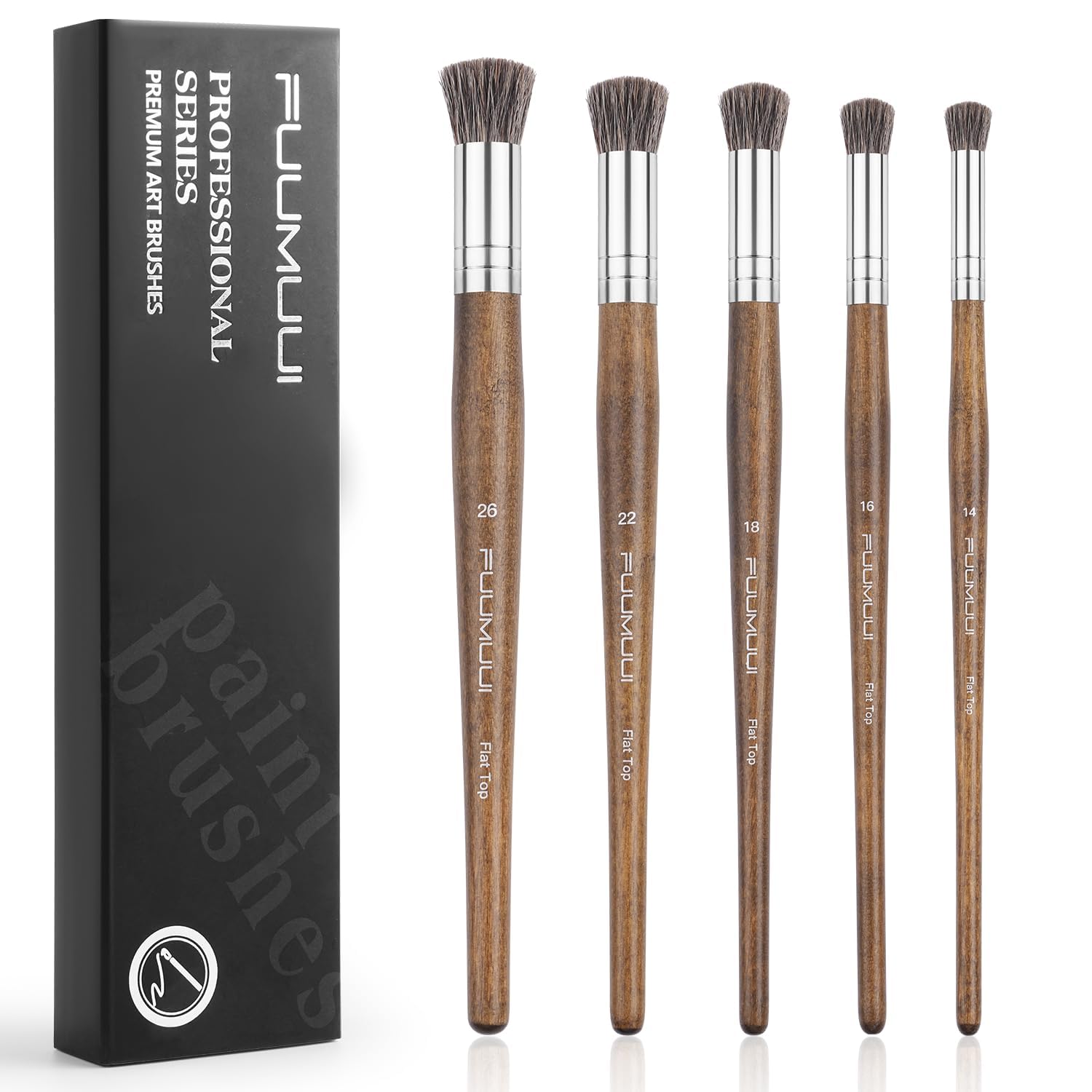 Fuumuui 5Pcs Natural Badger Bristle Blending Brush, Professional Paint Brushes Set for Acrylic, Oil and Gouache - Round Flat Top Shape with Birch Handle