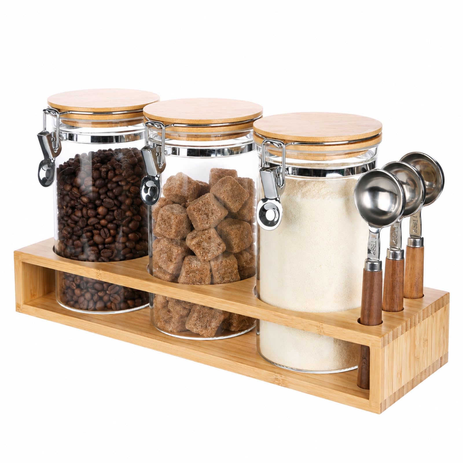 KKC HOME ACCENTS Barattoli ermetici in vetro per chicchi di caffè con paletta per bar, contenitori in vetro sigillato con coperchio incernierato per caffè macinato, tè sfuso, matcha, zucchero, 40 once