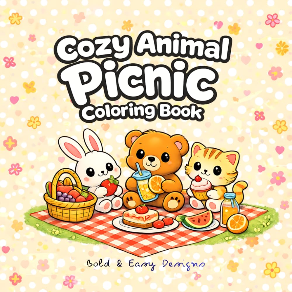 Cozy Animal Picnic Coloring Book: 49 Unique and Simple Picnic Scenes, Cute Kawaii Animals with Bold Outlines for Kids and Adults