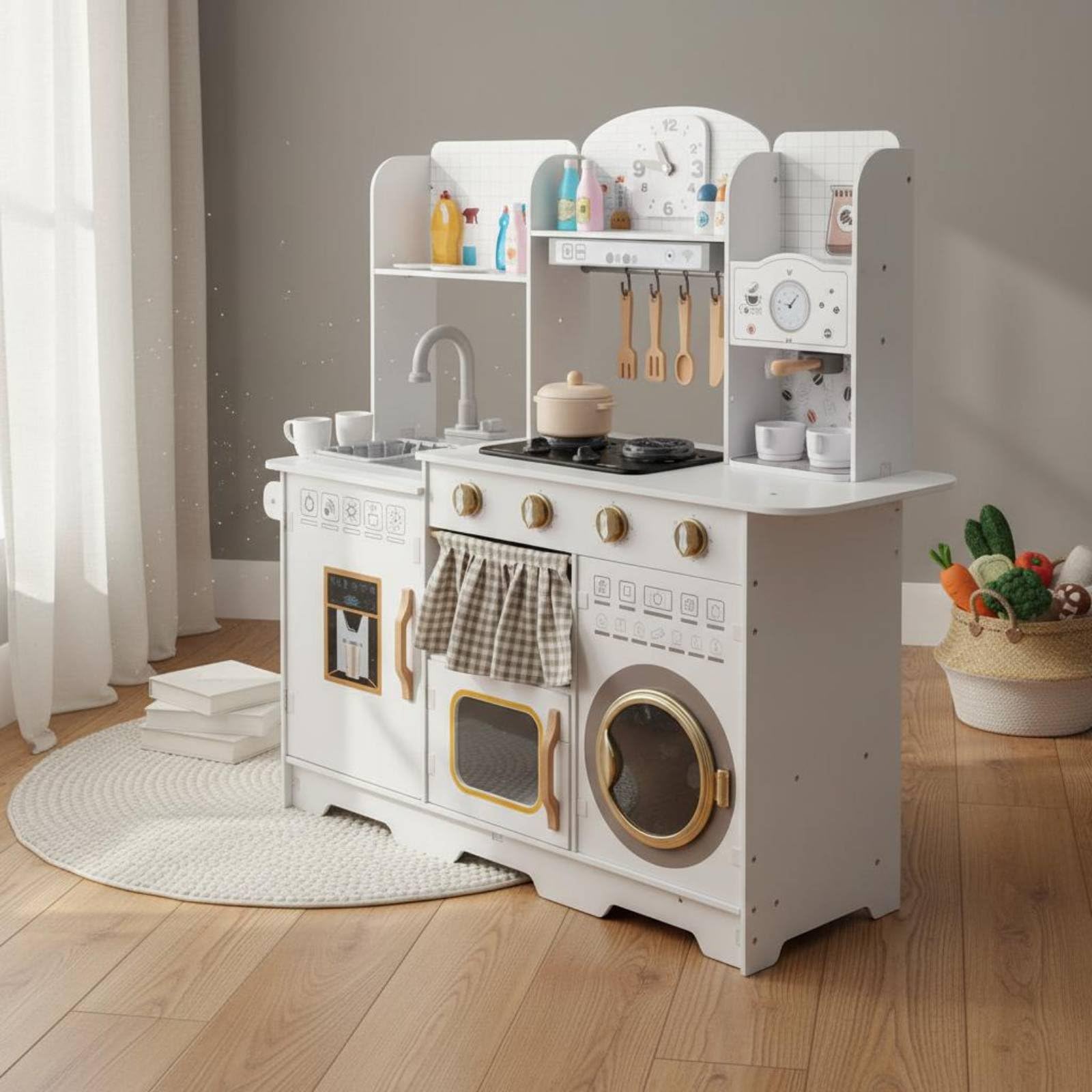 Cucina Giocattolo in Legno Bordi Arrotondati Cucina da Gioco con Acqua Suono e Luci per Casa