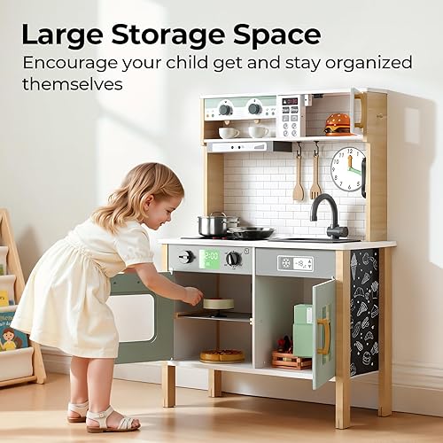 Miniatura 5 de Play Kitchen - Juego de cocina de madera para niños, juguetes de simulación para niños pequeños con luces y sonidos reales, 3 alturas ajustables