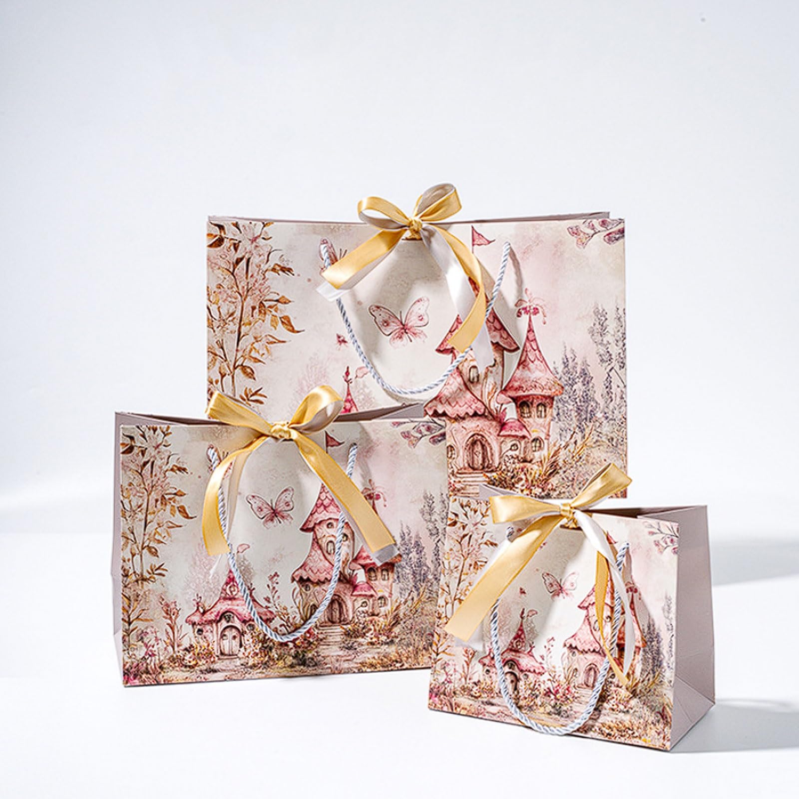 Paquete de 20 bolsas papel con asas cinta, 3 tamaños, elegantes ropa rosas y moradas for cumpleaños regalos fiesta(M)