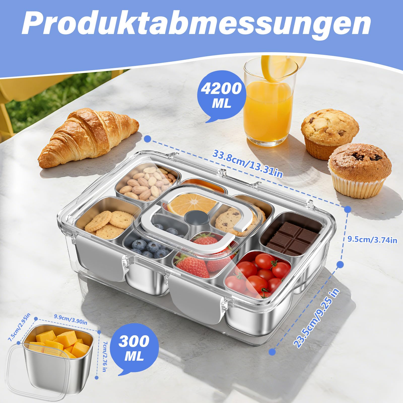 Snackbox Edelstahl mit 8 Fächern, Tragbar & Auslaufsicher, Spülmaschinenfest