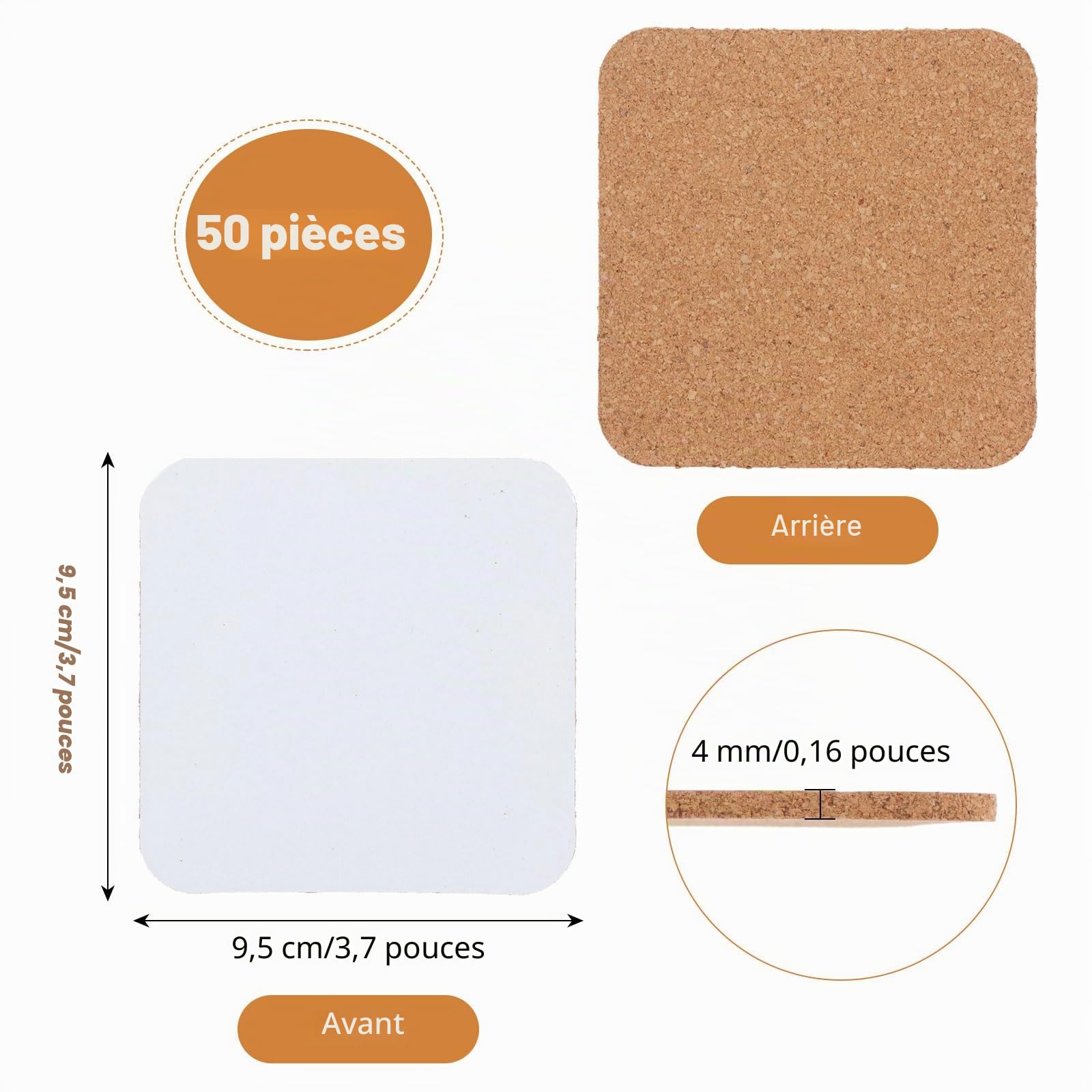 Lot de 50 dessous de verre vierges vierges en liège pour sublimation - 9,5 x 9,5 cm - Pour loisirs créatifs
