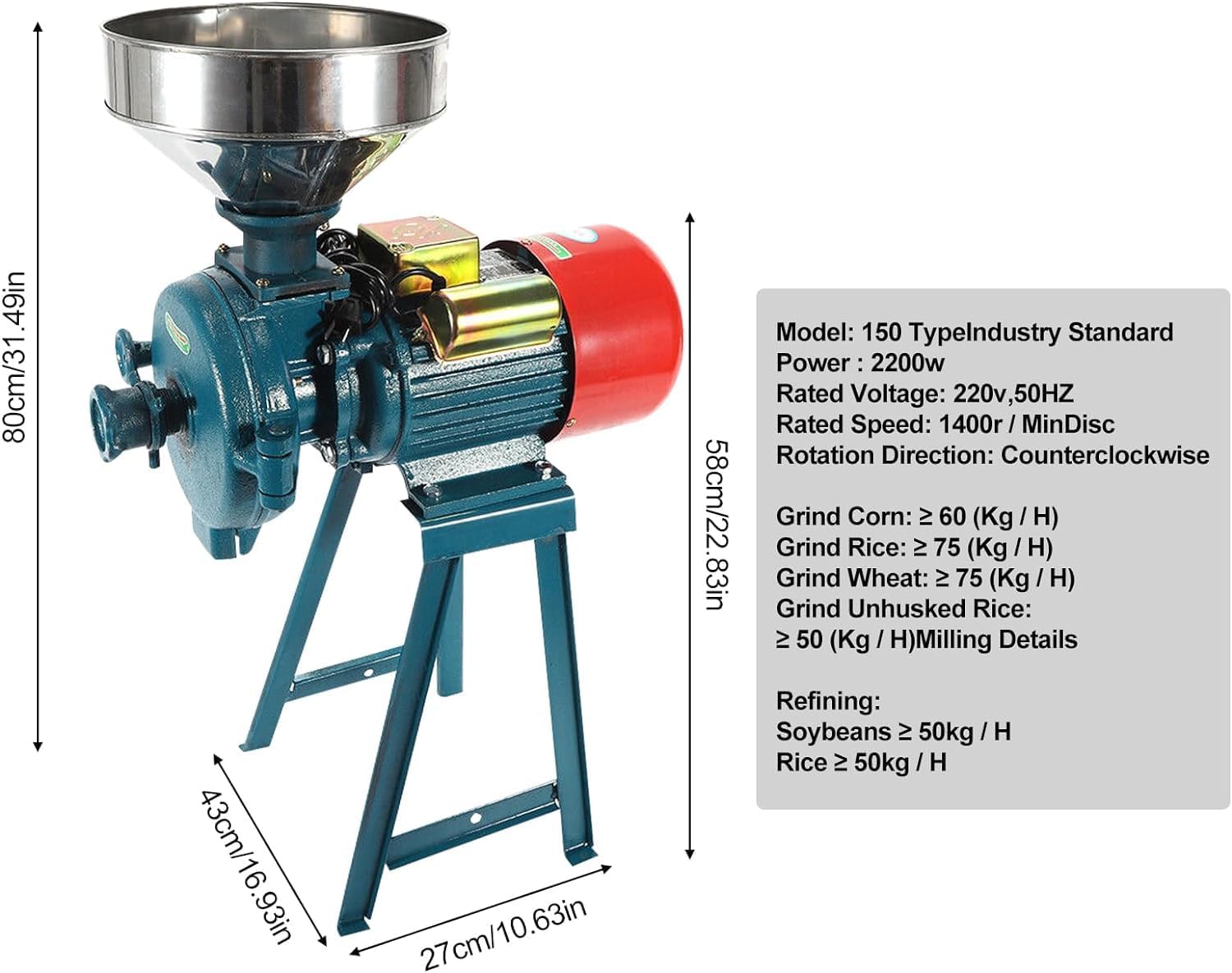 Grinding Mill Commercial Stainless Steel Soybean Grinder Industrial Flour Milling Machine,Electric Grain Mill Dry Grinder Dry Flour Grinder, Corn Crushing Rice Grinding Machine with Funnel,
