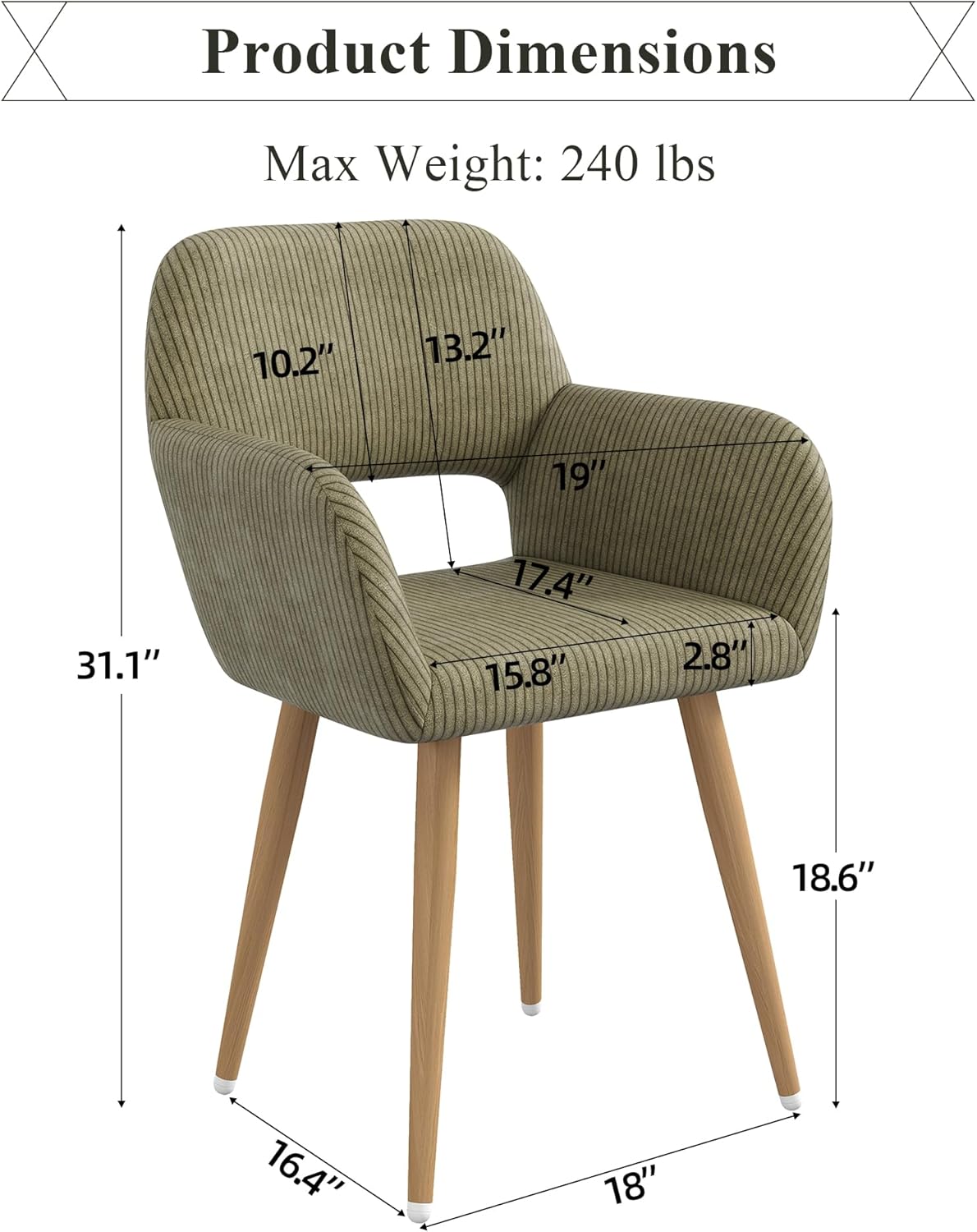 Home Office Desk Chair Set of 1, Corduroy Fabric Vanity Chair for Makeup with Hollow Backrest, Comfy Armchair Wood Frame with Strudy Metal Legs, Dark Green